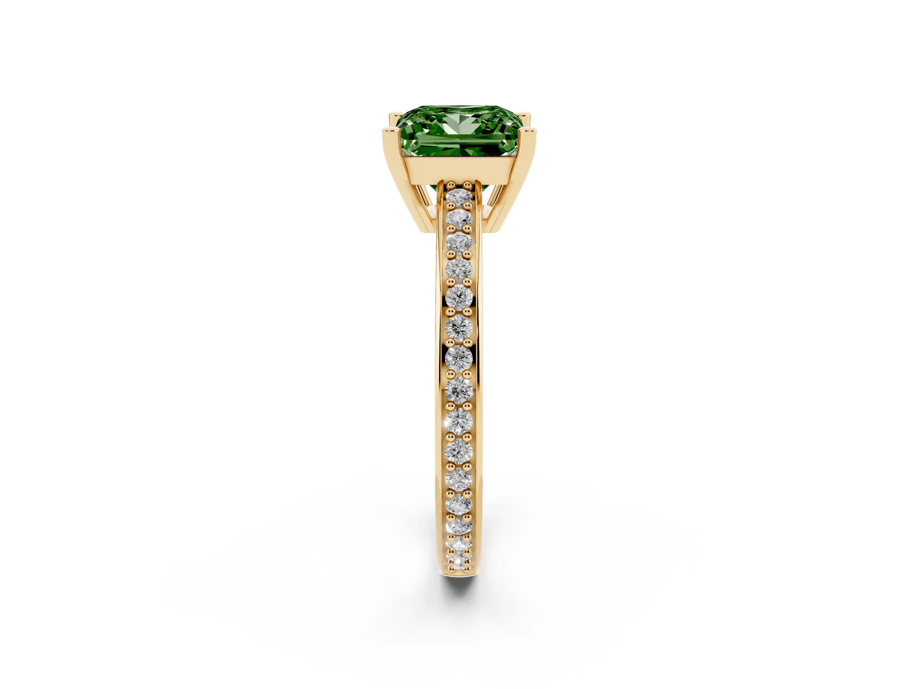 Fancy Green Princess Cut Diamond Pavé Band Prong Set Solitaire Ring Set in Yellow gold
