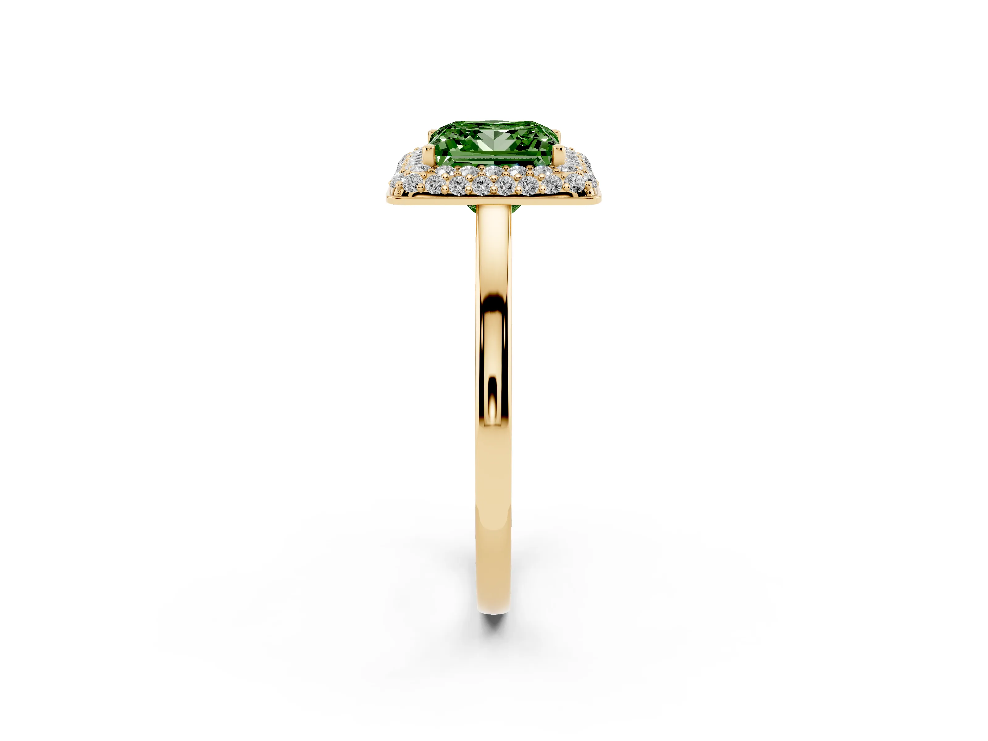 Fancy Green Princess Cut Diamond Halo Engagement Ring Set in Yellow gold with Solitaire Band and Prong Setting