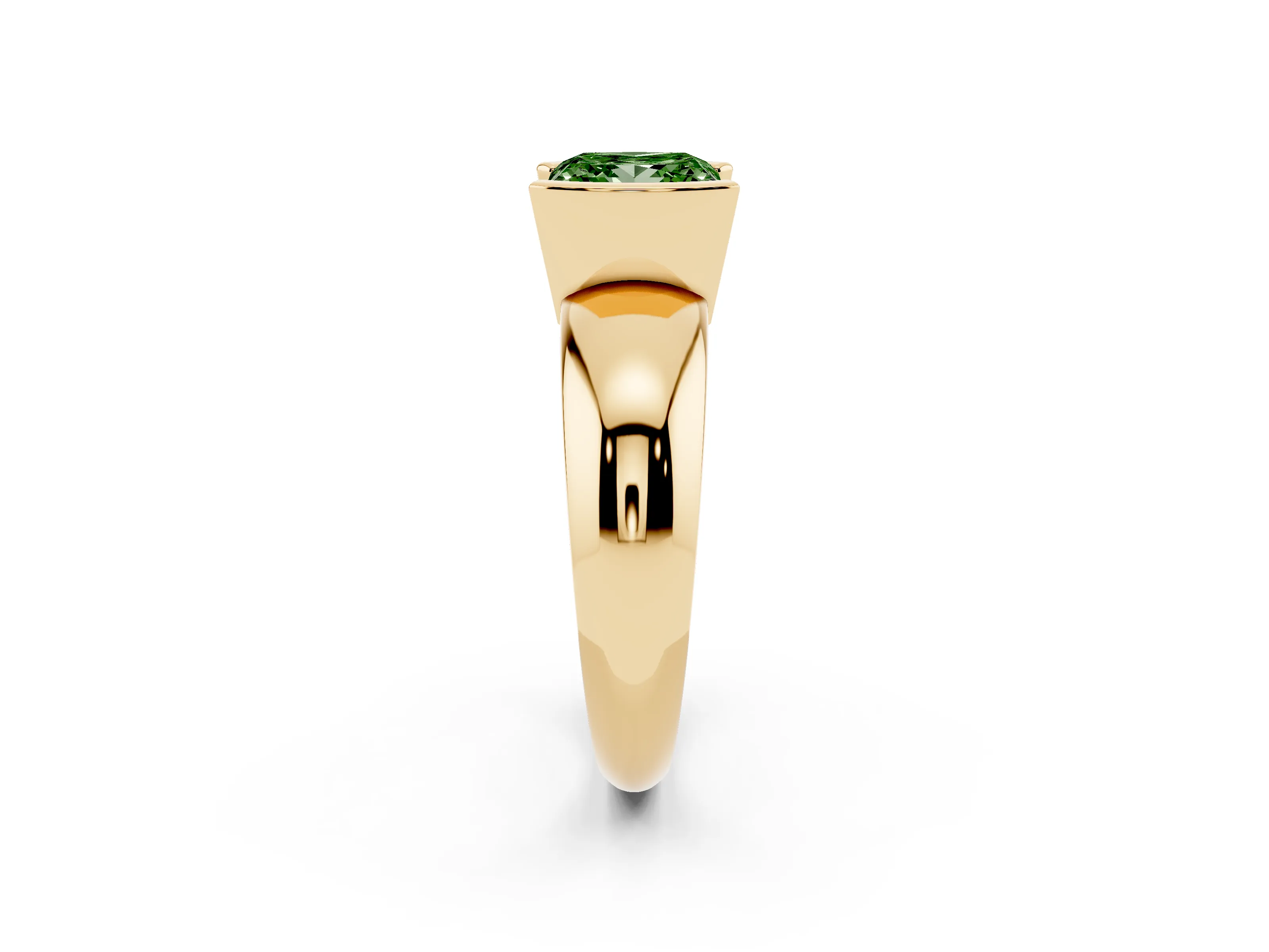 Fancy Green Princess Cut Diamond Solitaire Tension Set Ring Set in Yellow gold with Wide Band