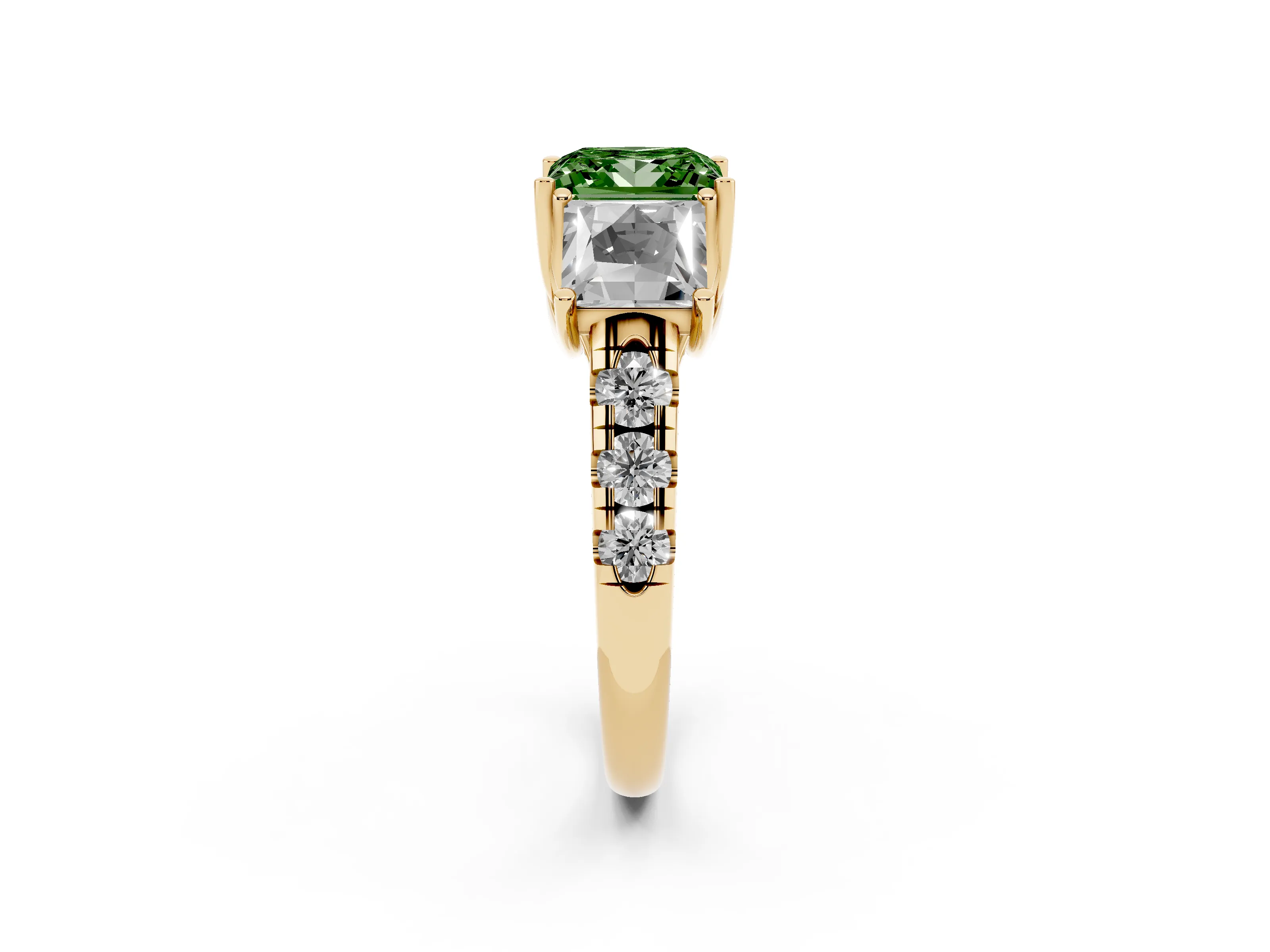 Fancy Green Princess Cut Diamond Three-Stone Ring Set in Yellow gold with Pavé Band