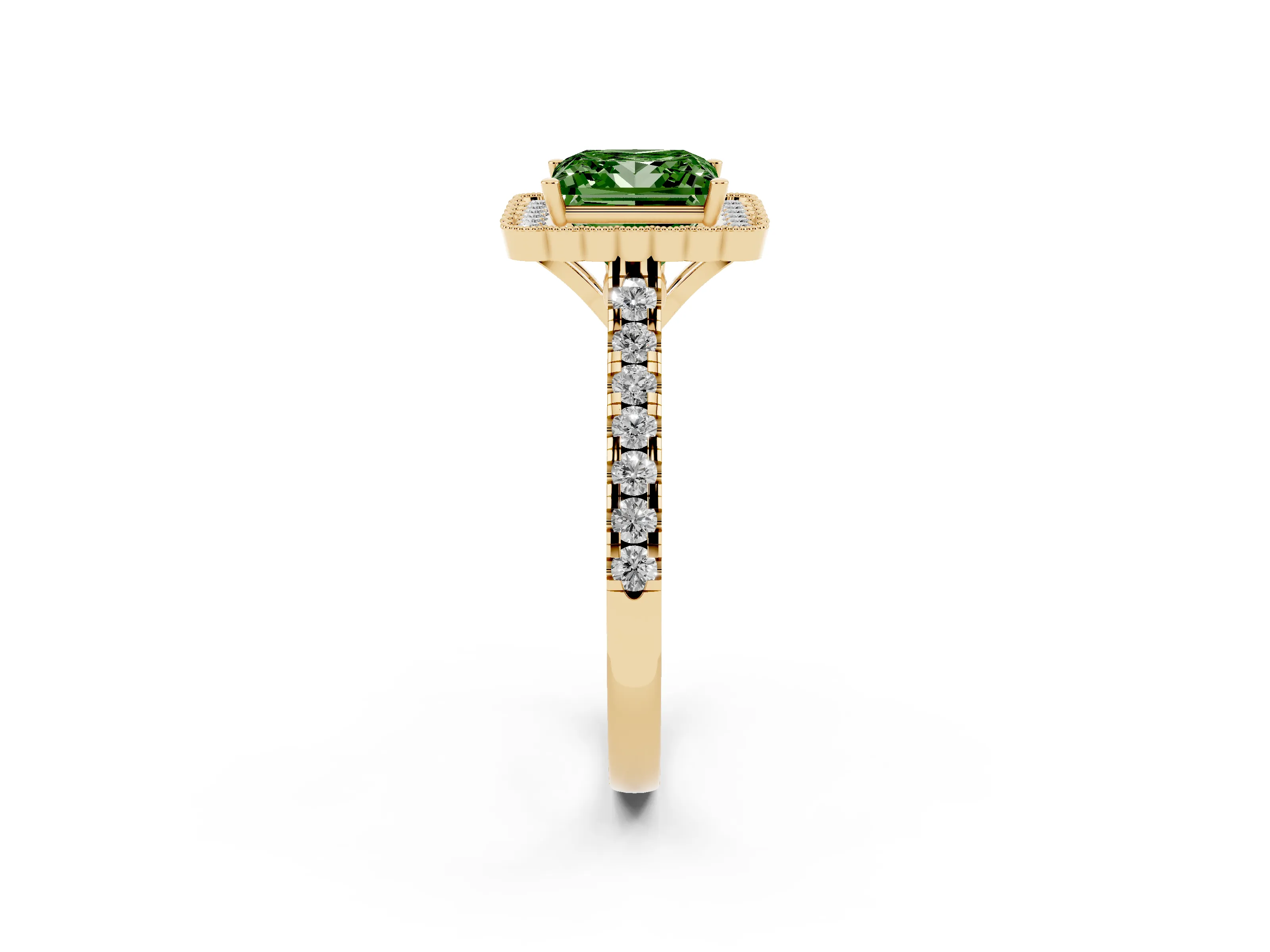 Fancy Green Princess Cut Diamond Milgrain Floral Halo Engagement Ring Set in Yellow gold with Pavé Band