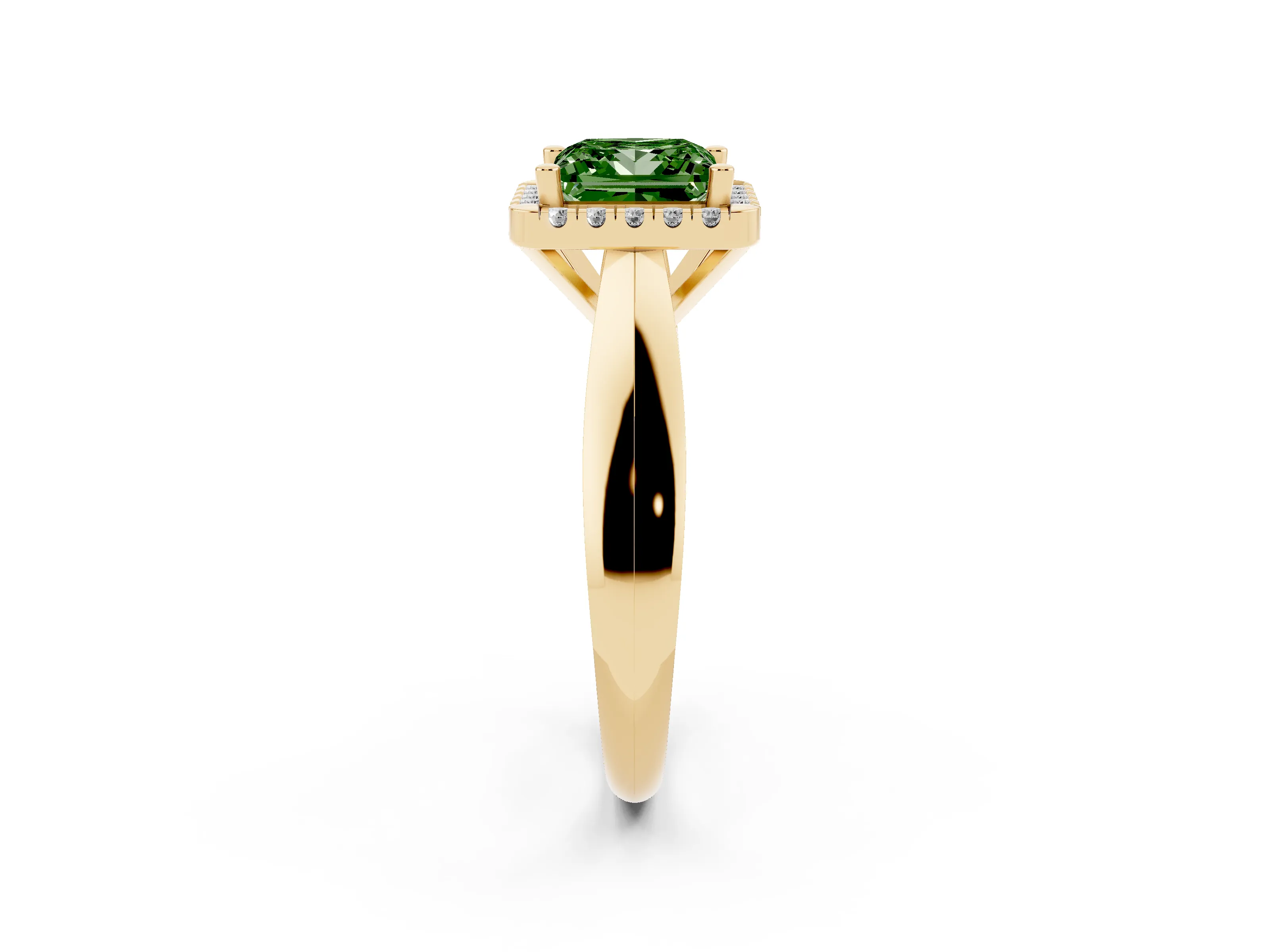 Fancy Green Princess Cut Diamond Halo Solitaire Engagement Ring Set in Yellow gold with Square Band and Prong Setting