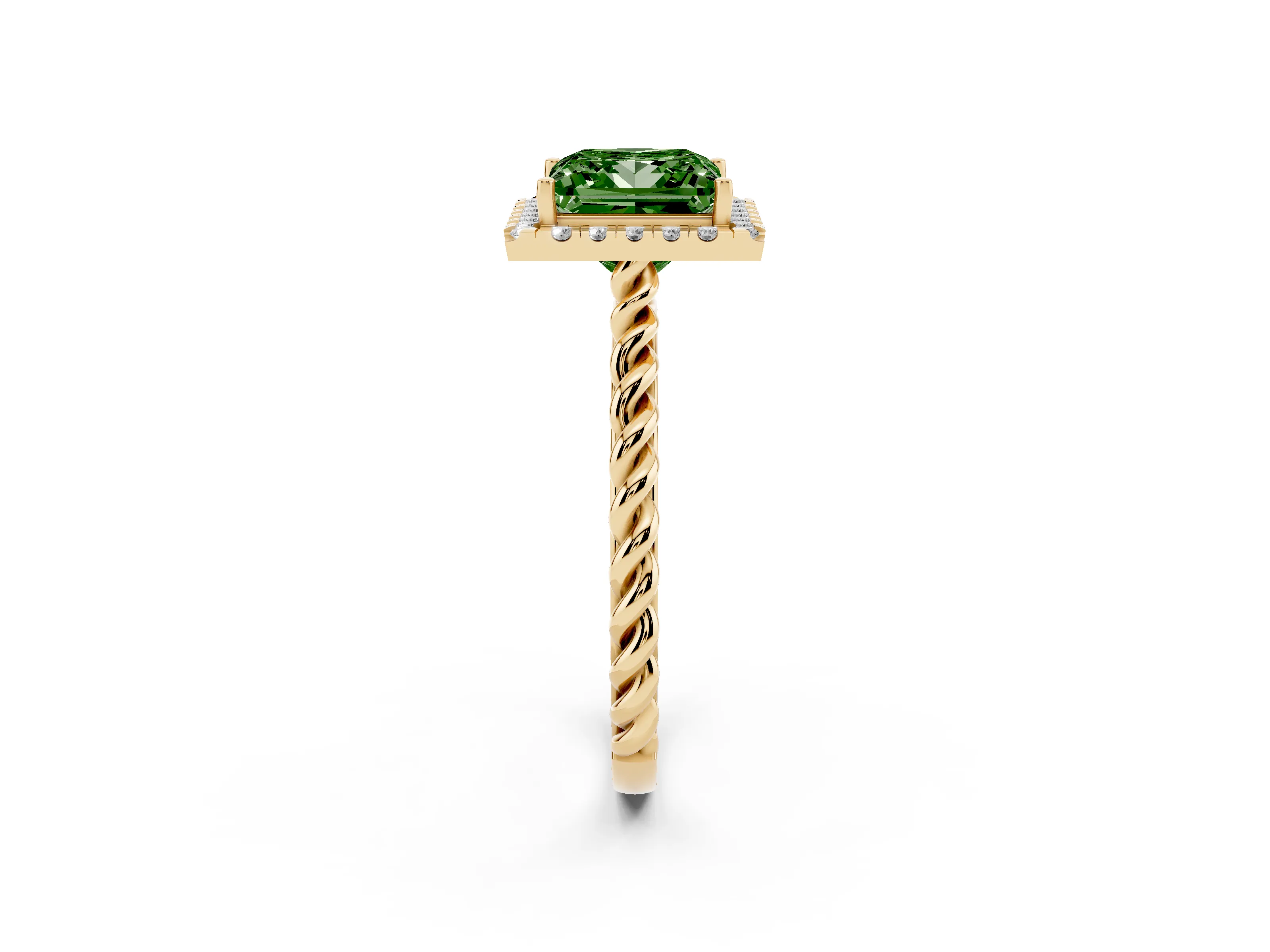 Fancy Green Princess Cut Diamond Halo Ring Set in Yellow gold with Plain Twisted Band