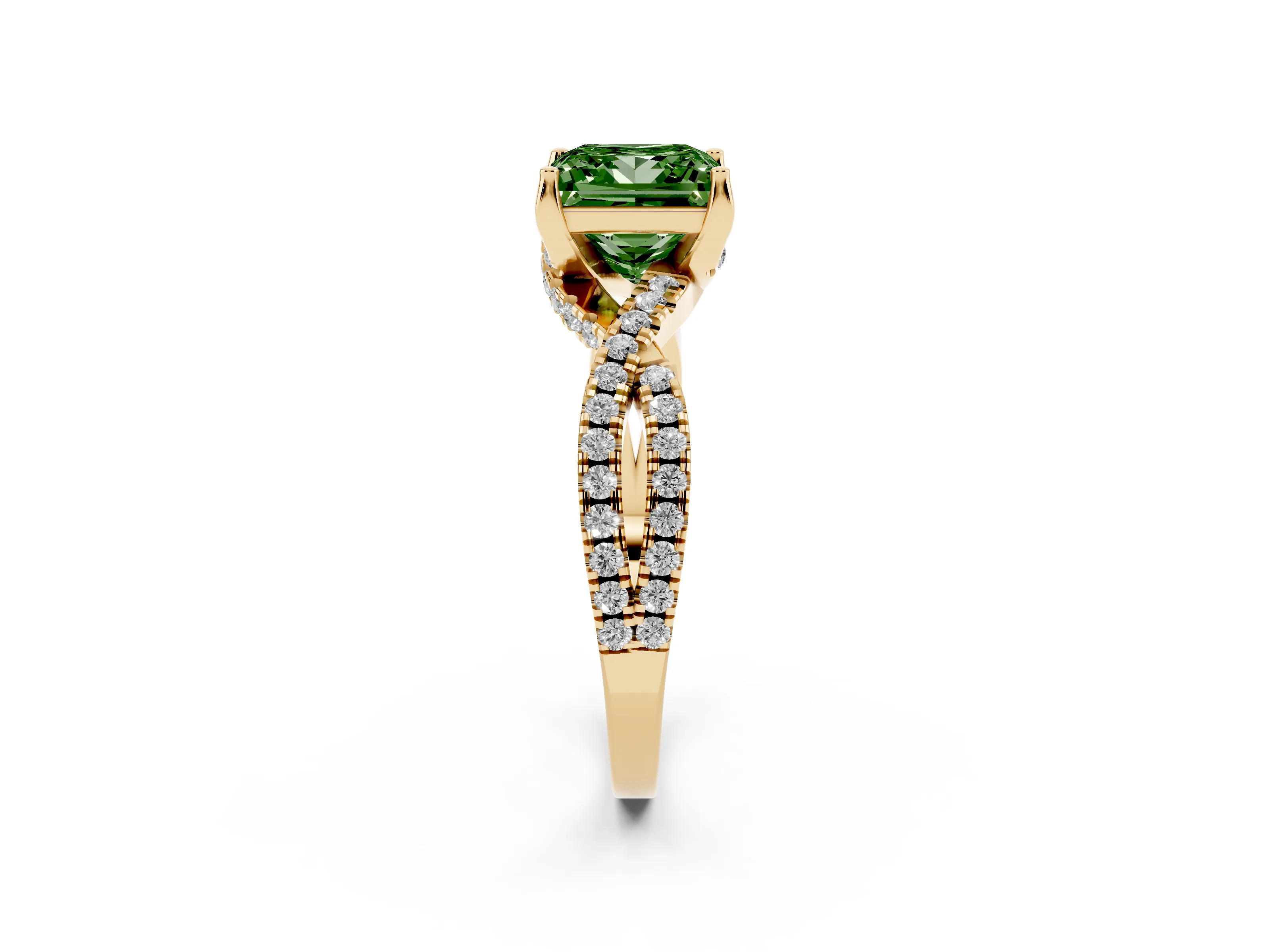 Fancy Green Princess Cut Diamond Twist Pavé Solitaire Engagement Ring Set in Yellow gold with Prong Setting