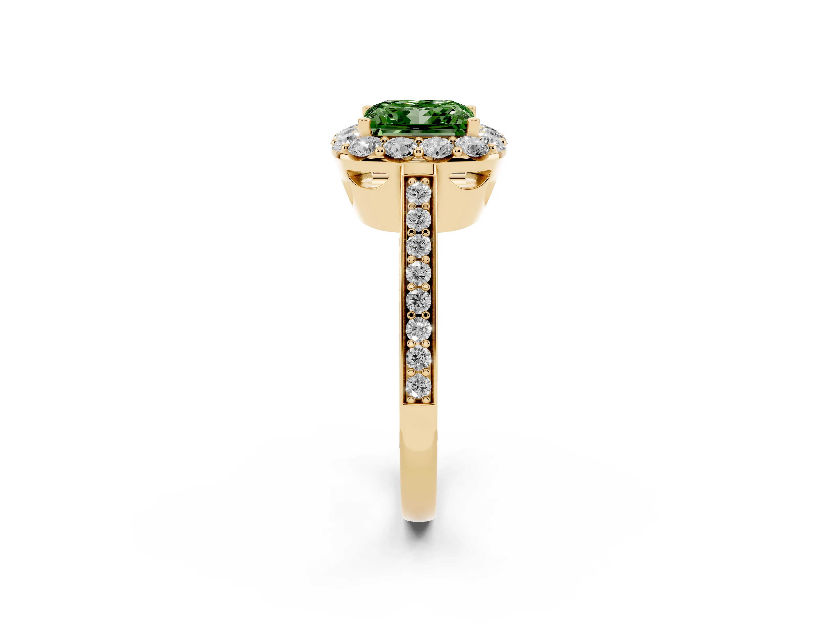 Fancy Green Princess Cut Diamond Floral Halo Ring Set in Yellow gold with Pavé Band and Prong Setting