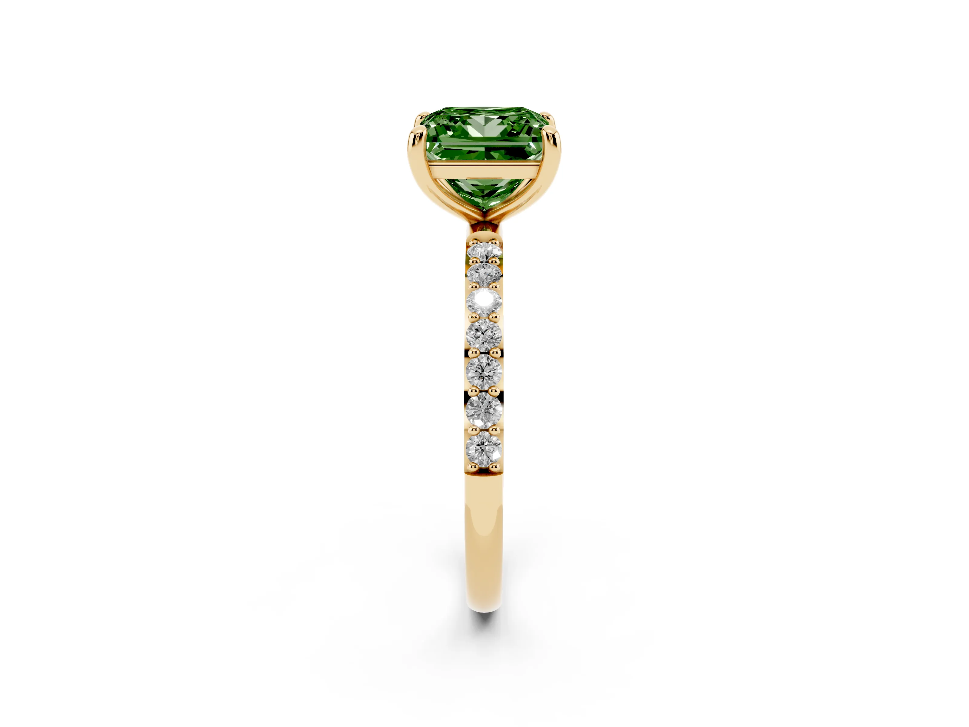 Fancy Green Princess Cut Diamond Solitaire Ring Set in Yellow gold with Round Pavé Band and Prong Setting