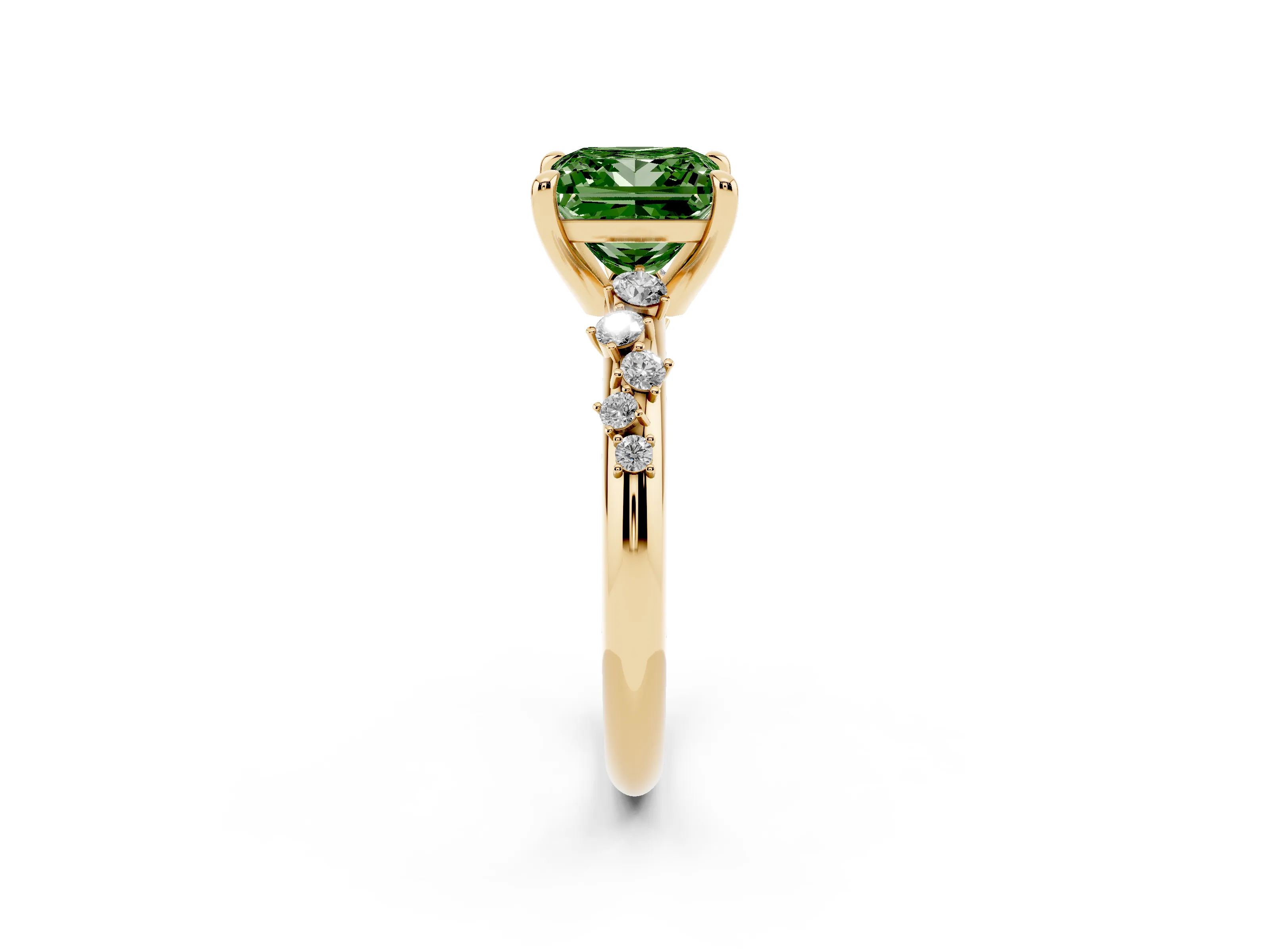 Fancy Green Princess Cut Diamond Solitaire Vine Band Ring Set in Yellow gold with Round Accents and Prong Setting