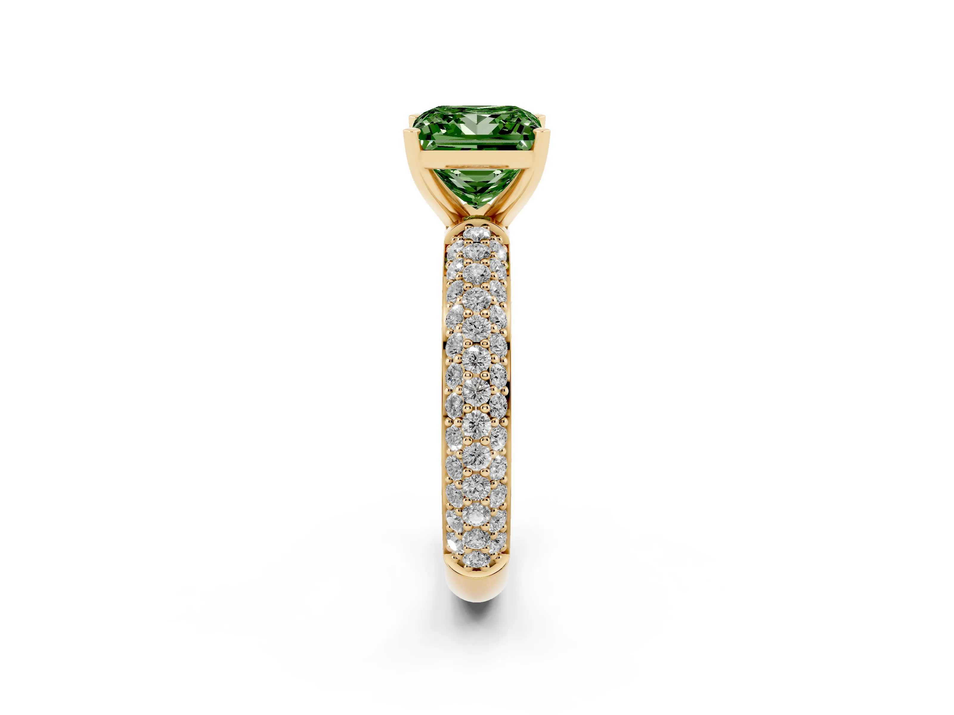 Fancy Green Princess Cut Diamond Solitaire Ring Set in Yellow gold with Prong Setting and Pavé-Set Band