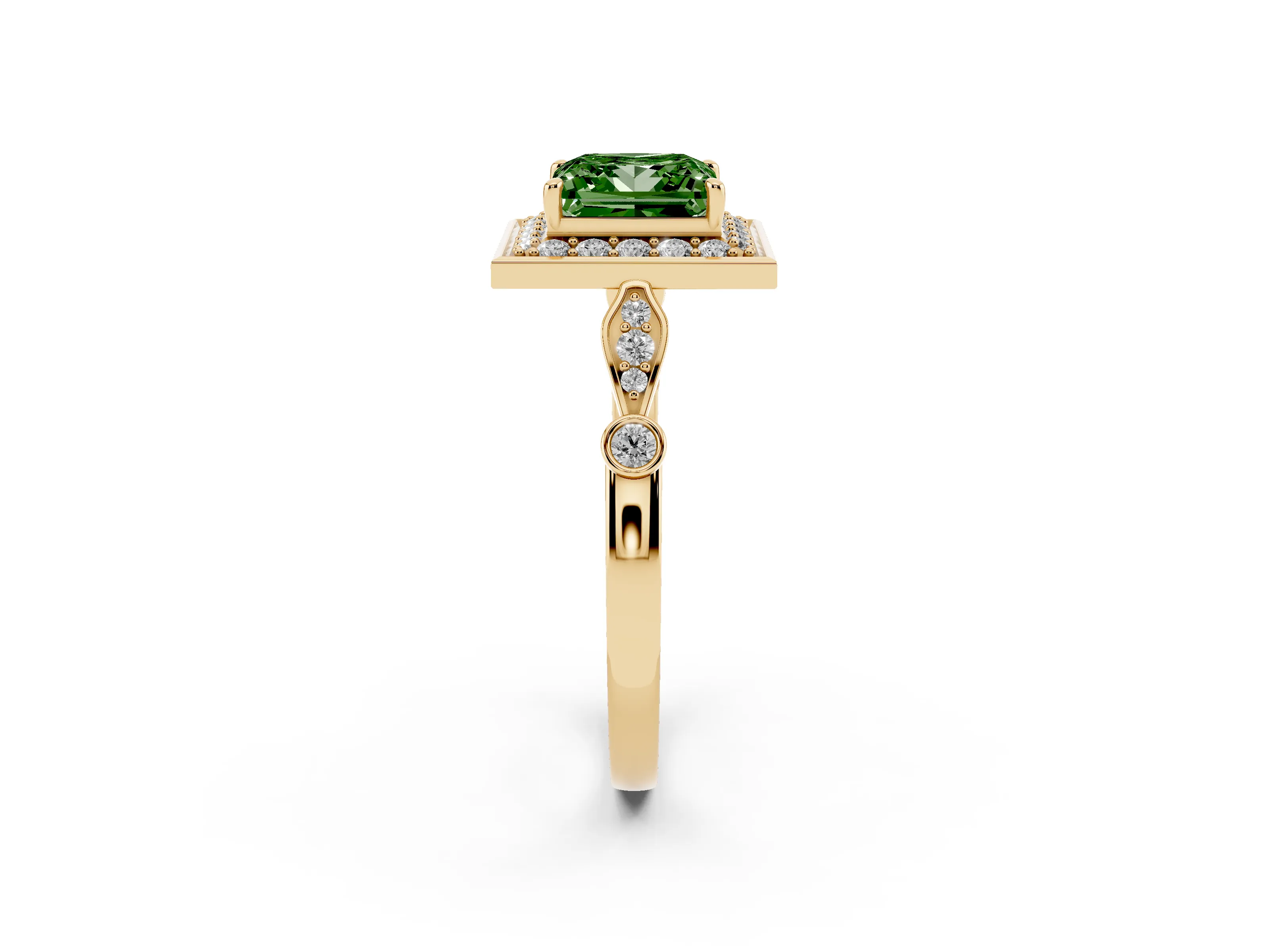 Fancy Green Princess Cut Diamond Halo Engagement Ring Set in Yellow gold with Twisted Band and Prong Setting