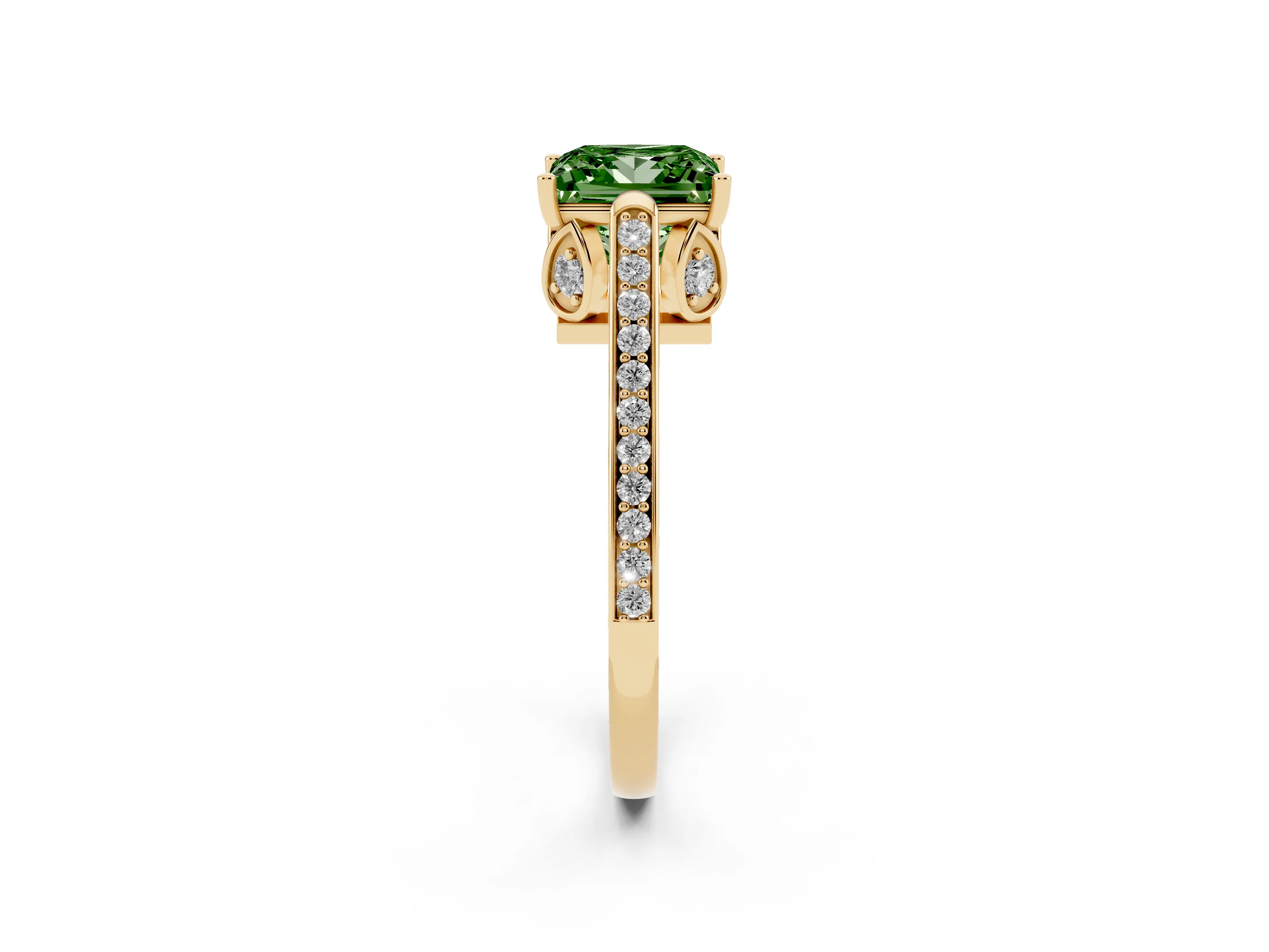 Fancy Green Princess Cut Diamond Cathedral Pavé Engagement Ring Set in Yellow gold with Prong Setting