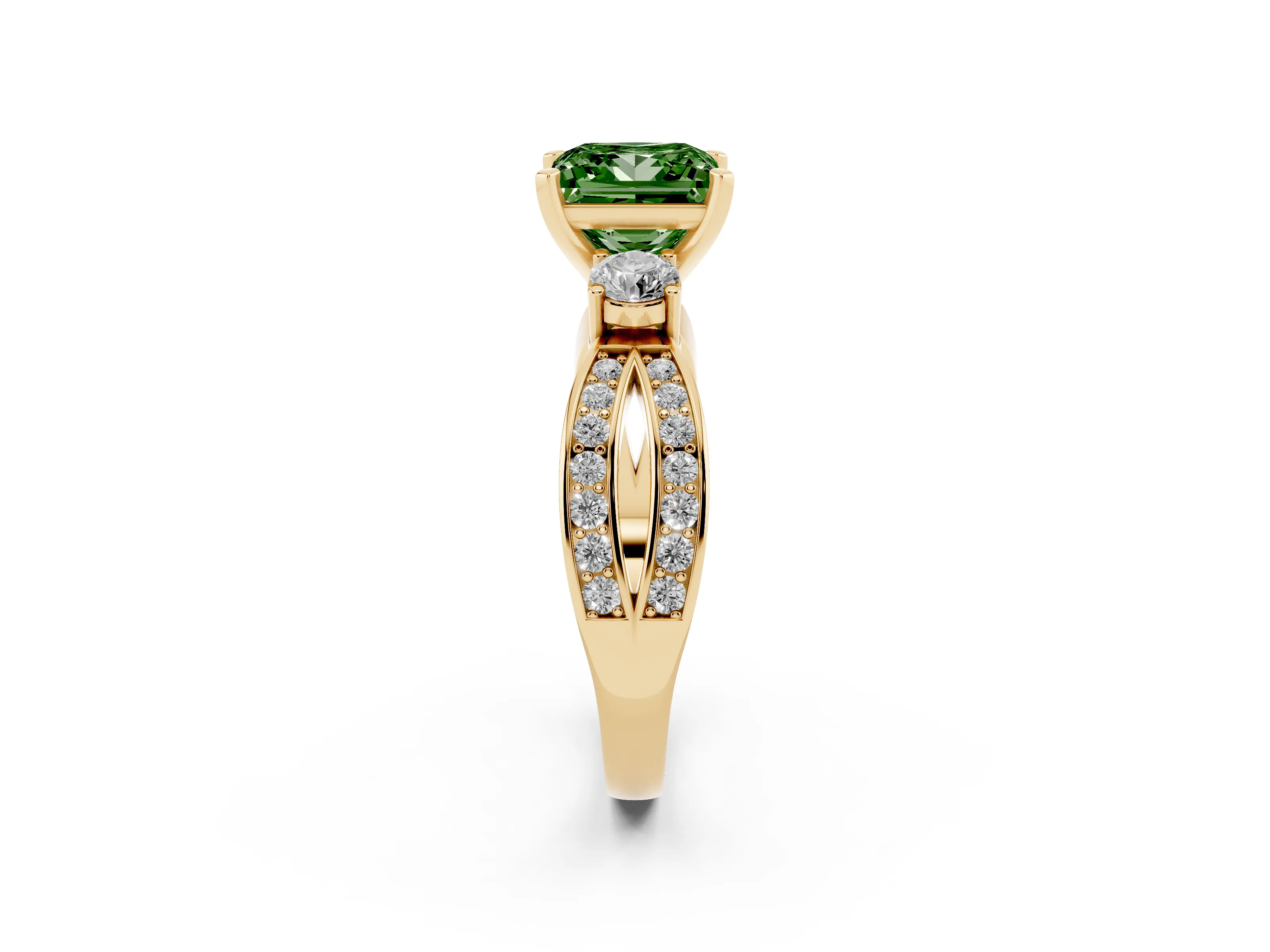 Fancy Green Three-Stone Princess Cut Diamond Twist Band Ring Set in Yellow gold with Pavé Accents and Prong Setting