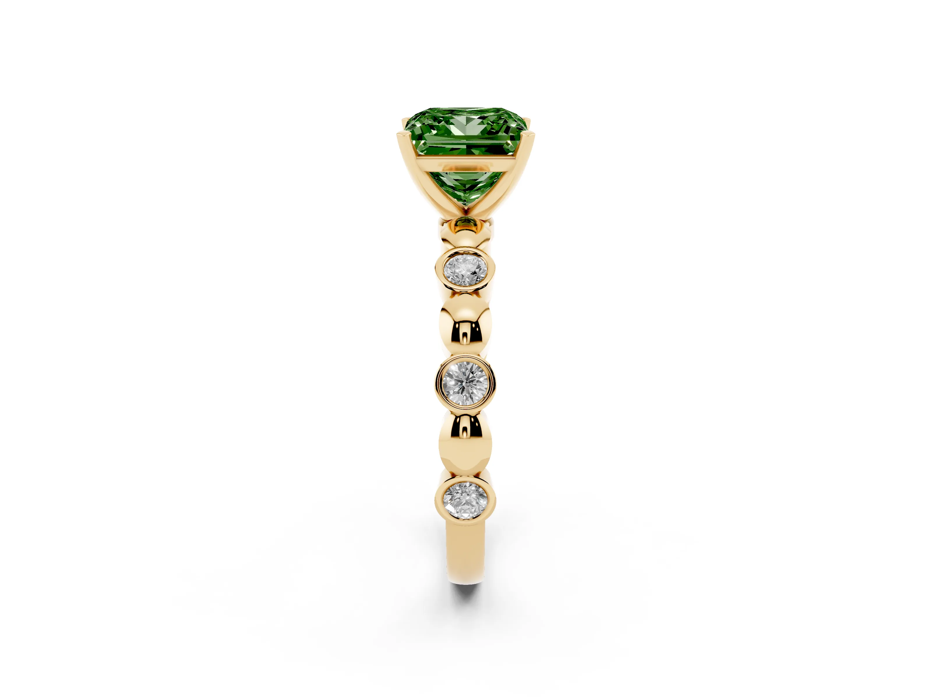 Fancy Green Princess Cut Diamond Solitaire Ring Set in Yellow gold with Bezel-Set Accents on Beaded Band and Prong Setting