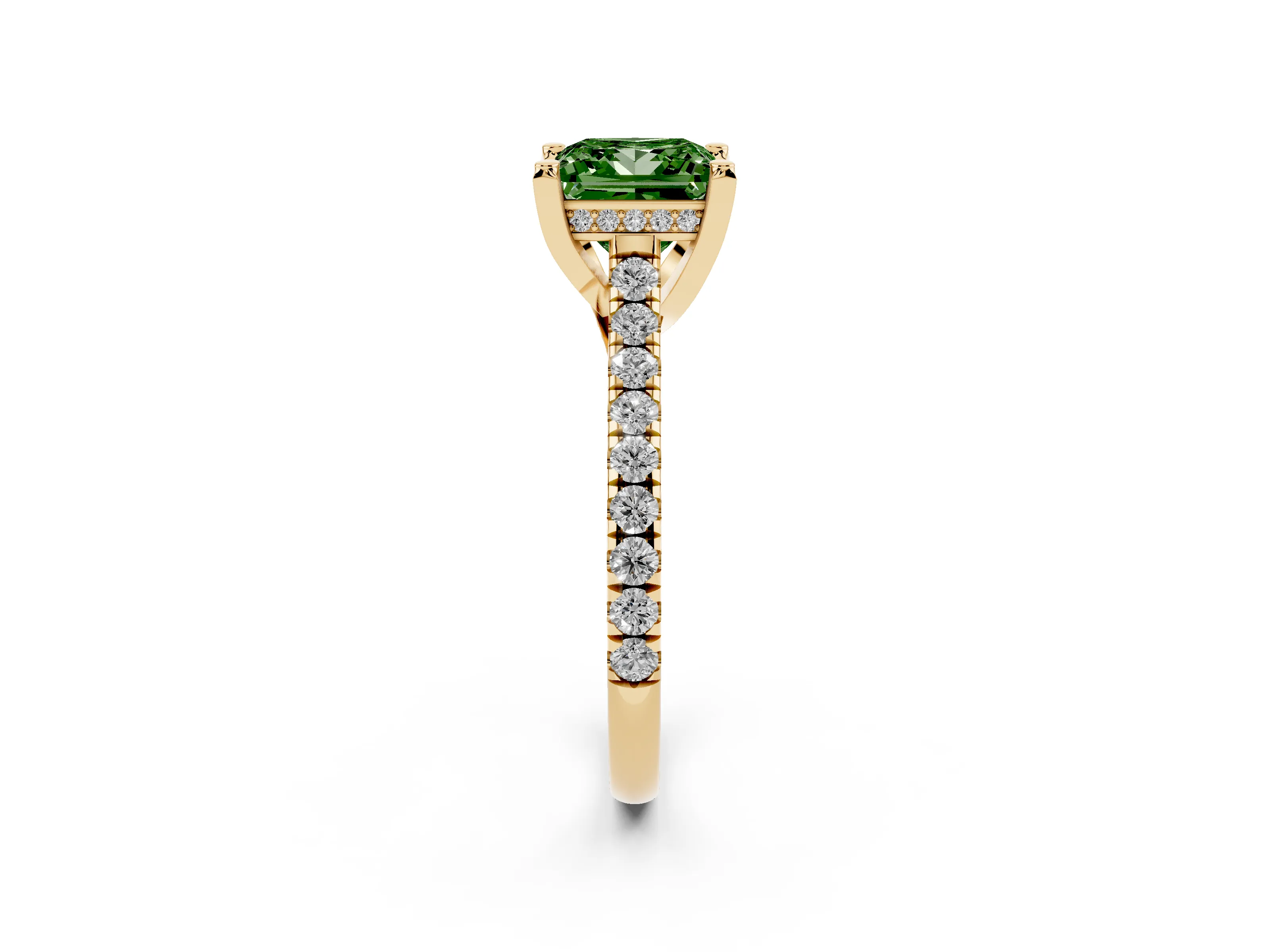 Fancy Green Princess Cut Diamond Solitaire Ring Set in Yellow gold with Brilliant Pavé Band and Prong Setting