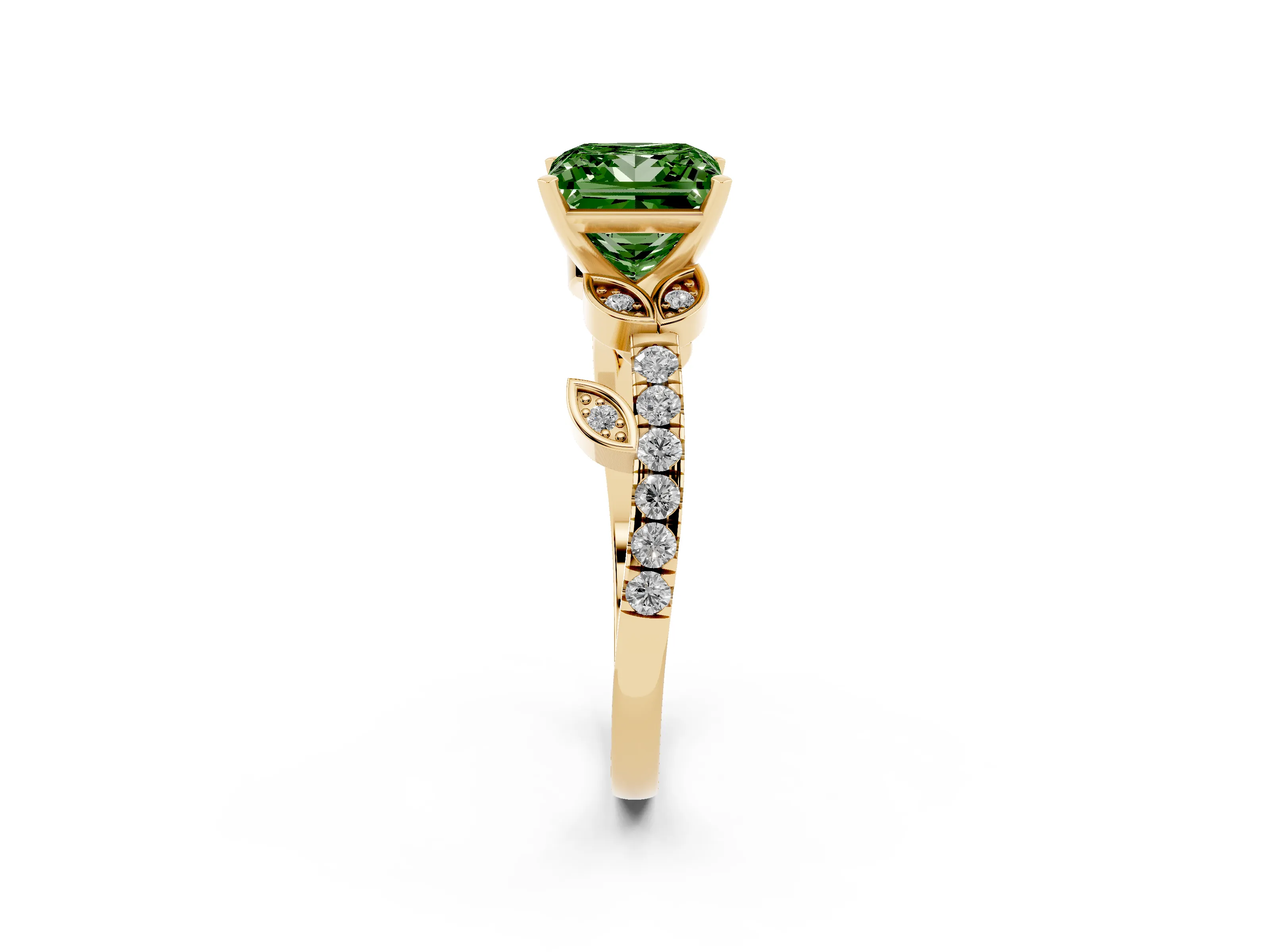 Fancy Green Princess Cut Diamond Solitaire Leaf-Inspired Ring Set in Yellow gold with Pavé Band and Prong Setting