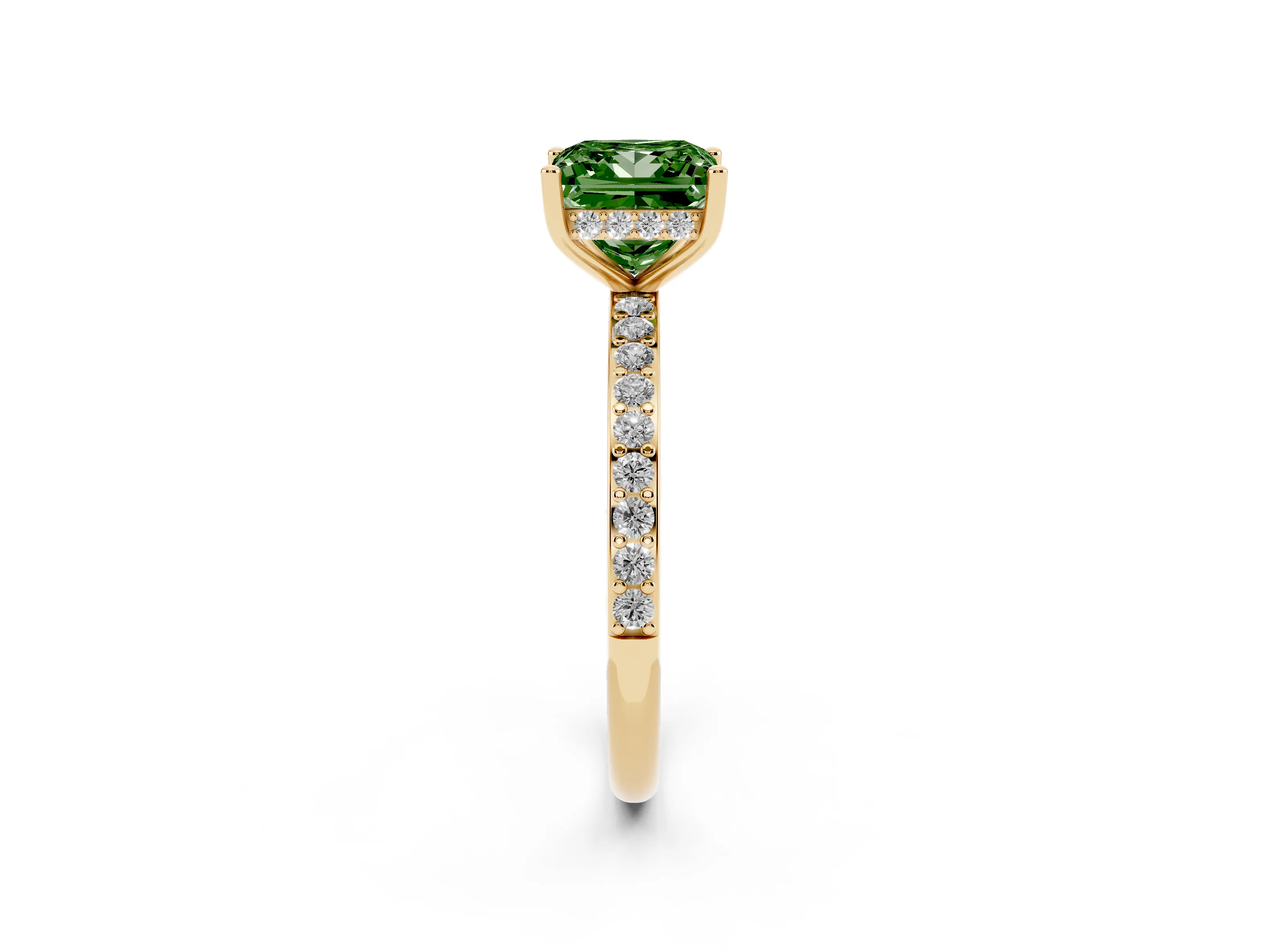 Fancy Green Princess Cut Diamond Pavé Band Ring Set in Yellow gold with Prong-Set Center Stone