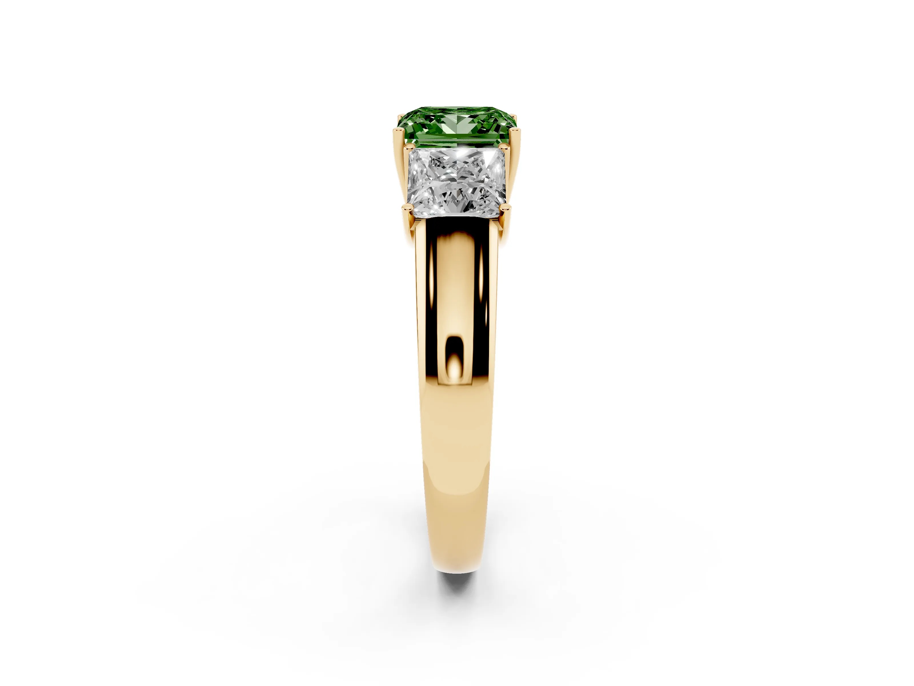 Fancy Green Three-Stone Princess Cut Diamond Ring Set in Yellow gold with Matching Prong Settings and Plain Band