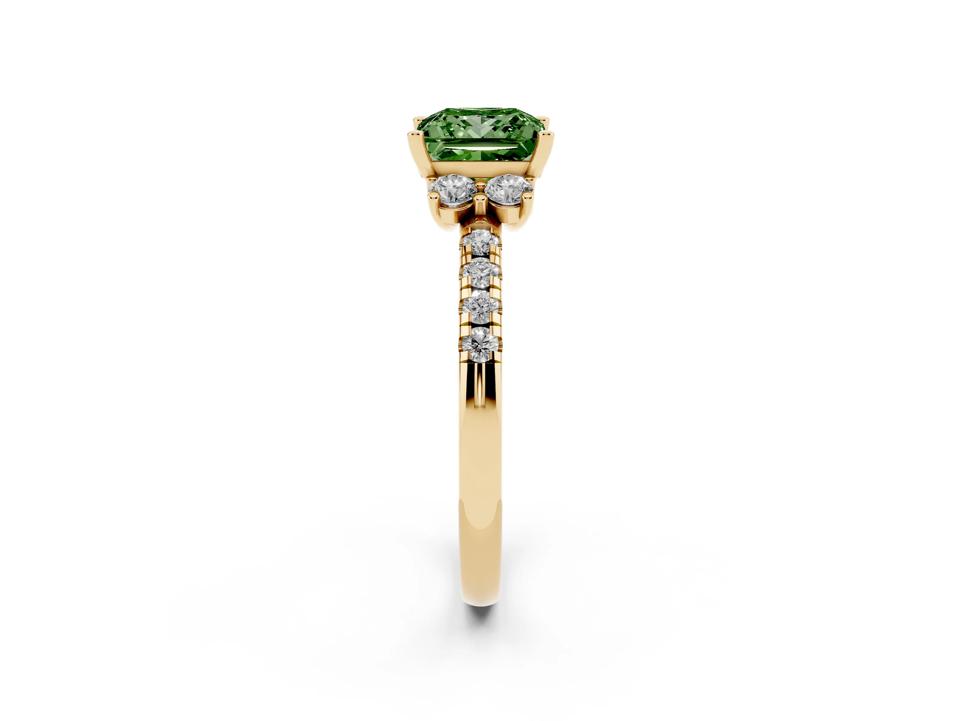 Fancy Green Princess Cut Diamond Three-Stone Pavé Ring Set in Yellow gold with Prong Setting