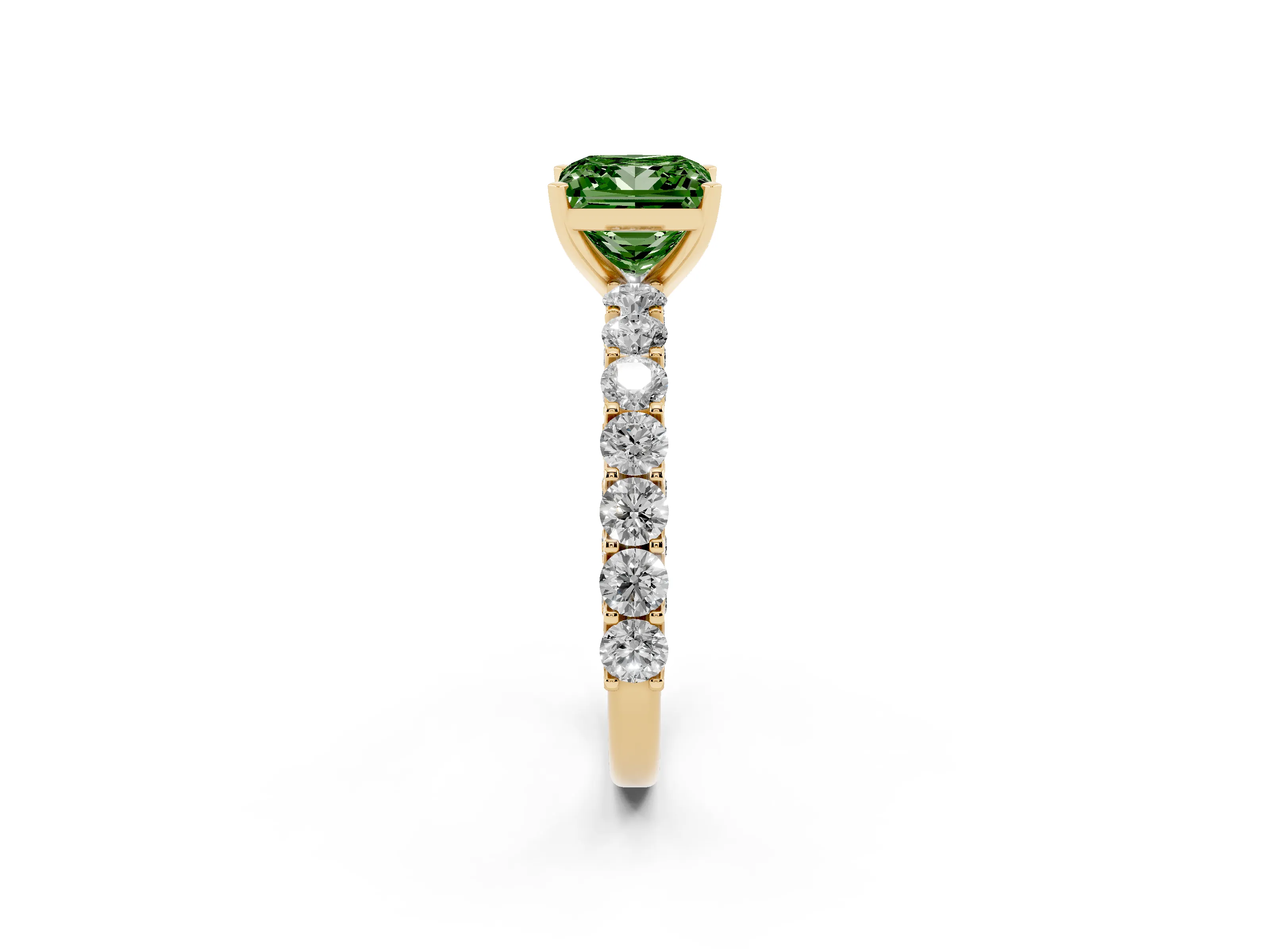 Fancy Green Princess Cut Diamond Solitaire Ring Set in Yellow gold with Shared Prong Pavé Band