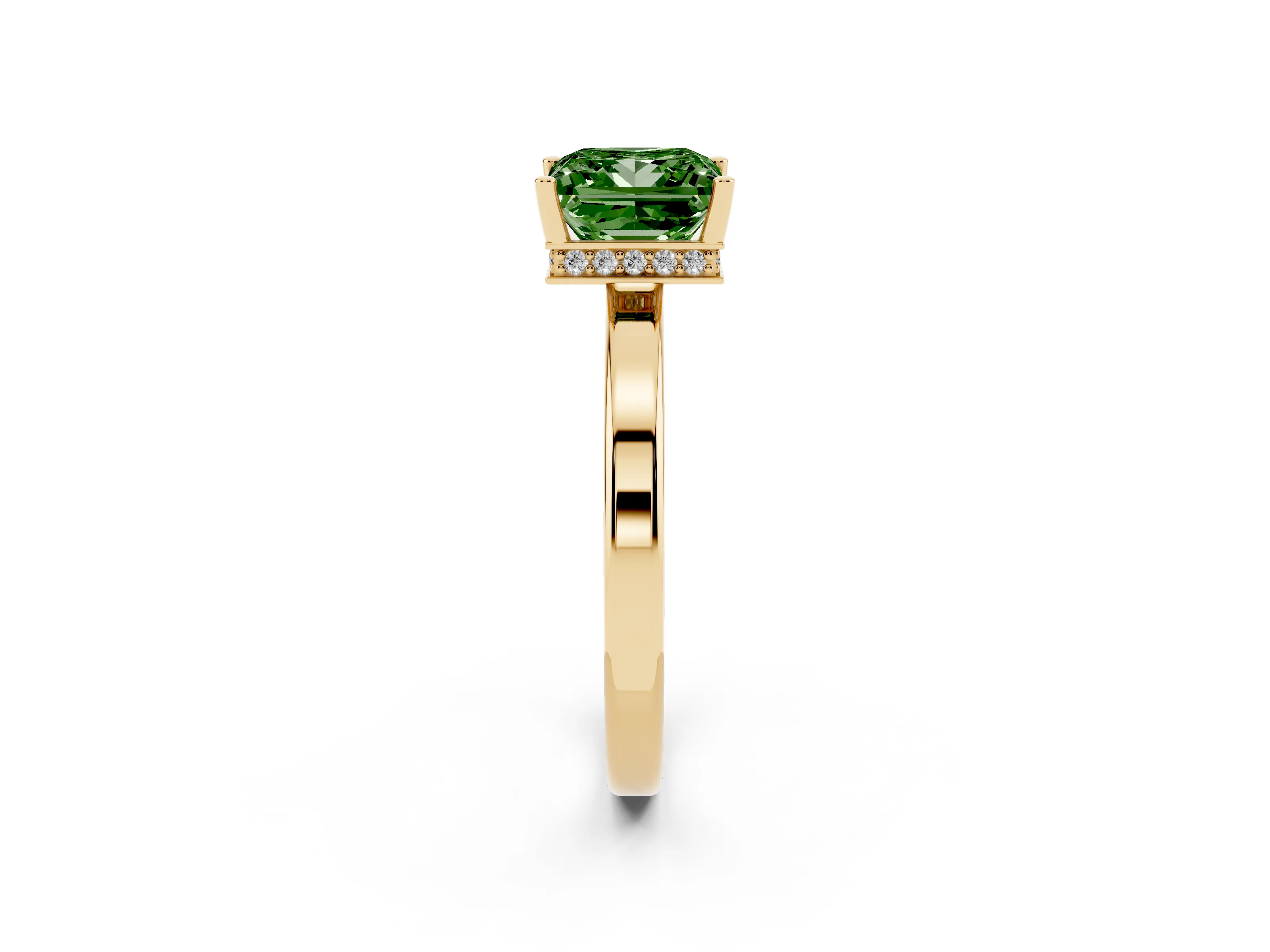 Fancy Green Princess Cut Diamond Solitaire Engagement Ring Set in Yellow gold with Prong Setting on a Plain Band