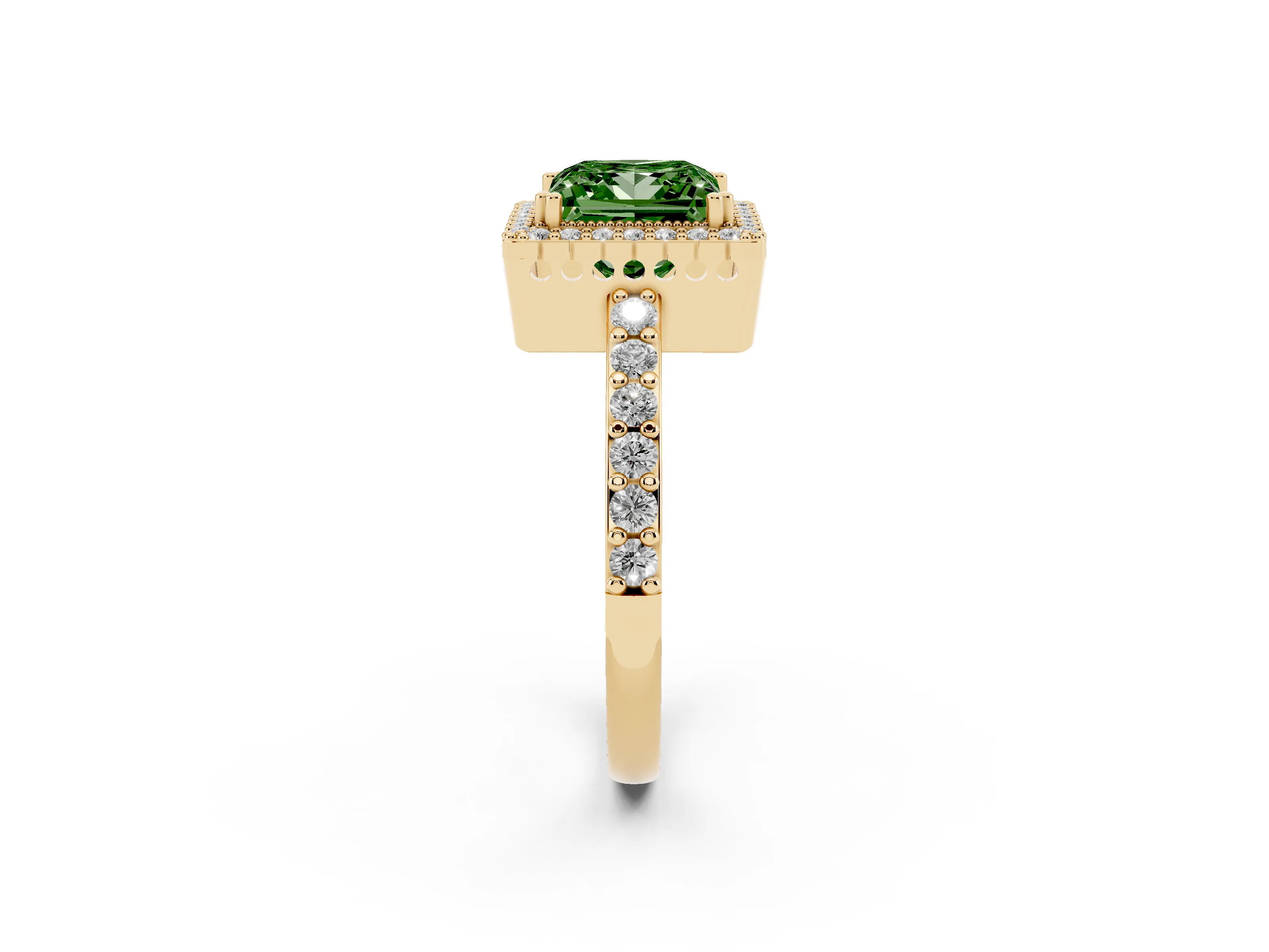 Fancy Green Princess Cut Diamond Halo Engagement Ring Set in Yellow gold with Milgrain Detail and Pavé Band
