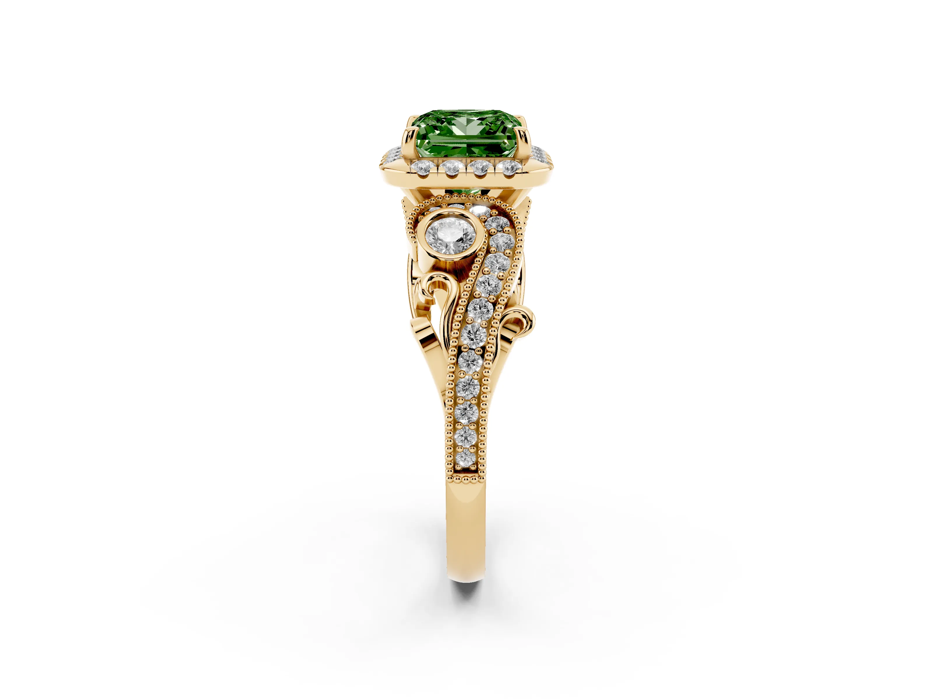 Fancy Green Princess Cut Diamond Halo Ring Set in Yellow gold with Milgrain Pavé Band and Prong Setting