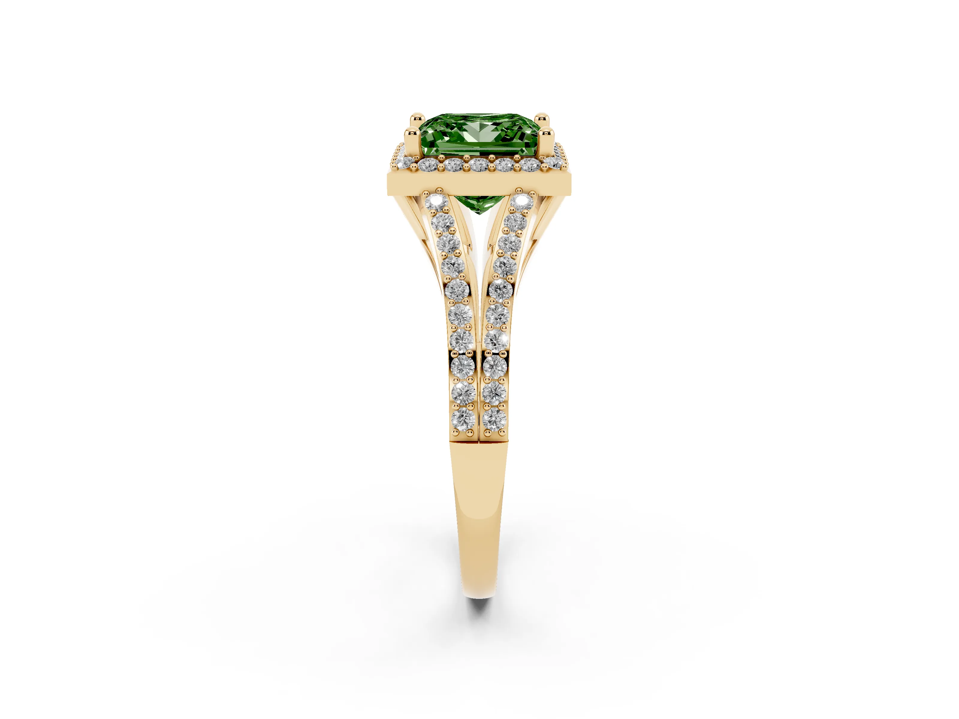 Fancy Green Princess Cut Diamond Halo Split Shank Pavé Ring Set in Yellow gold with Prong Setting