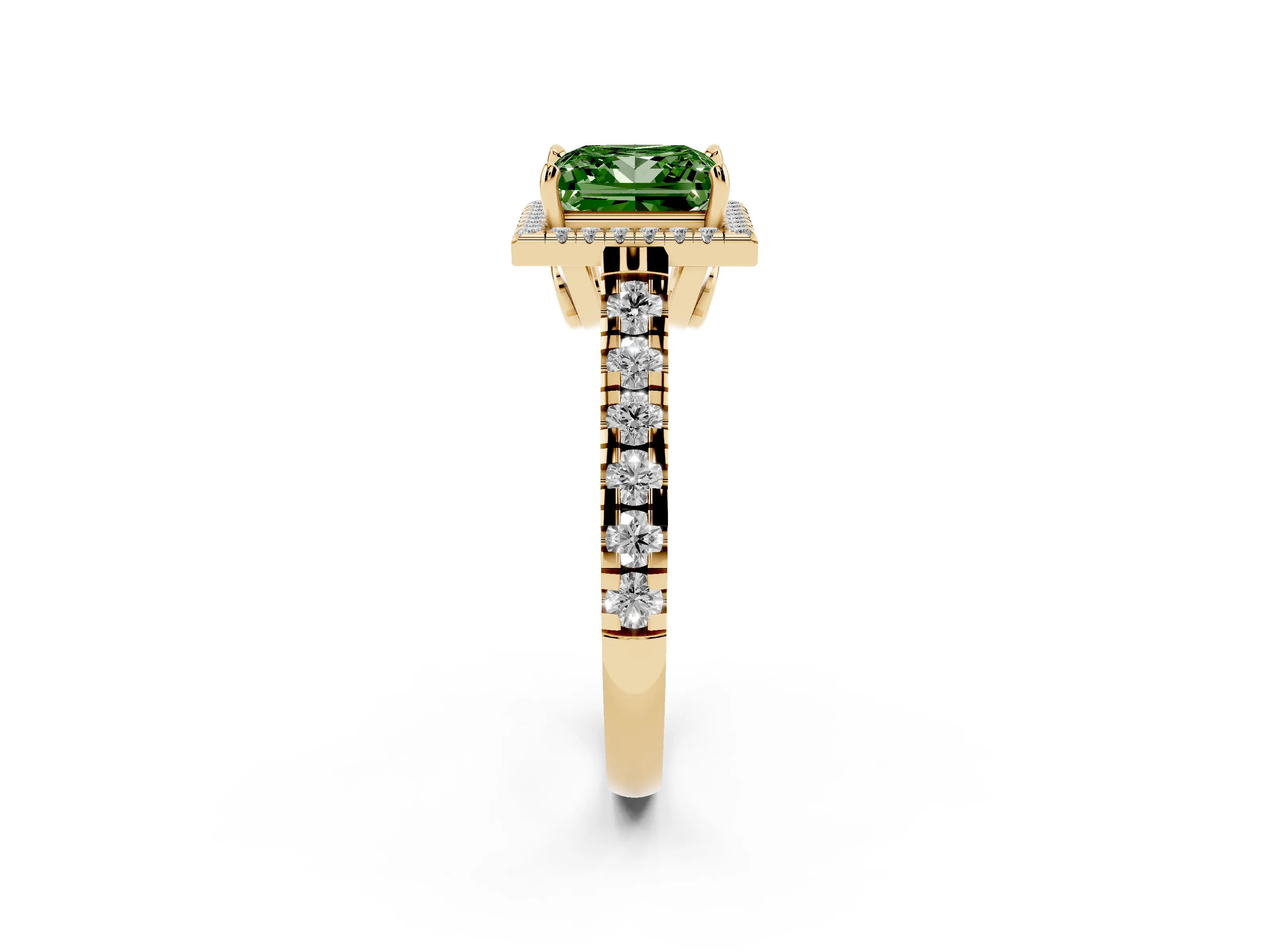 Fancy Green Princess Cut Diamond Halo Engagement Ring Set in Yellow gold with Pavé Band and Prong-Set Center