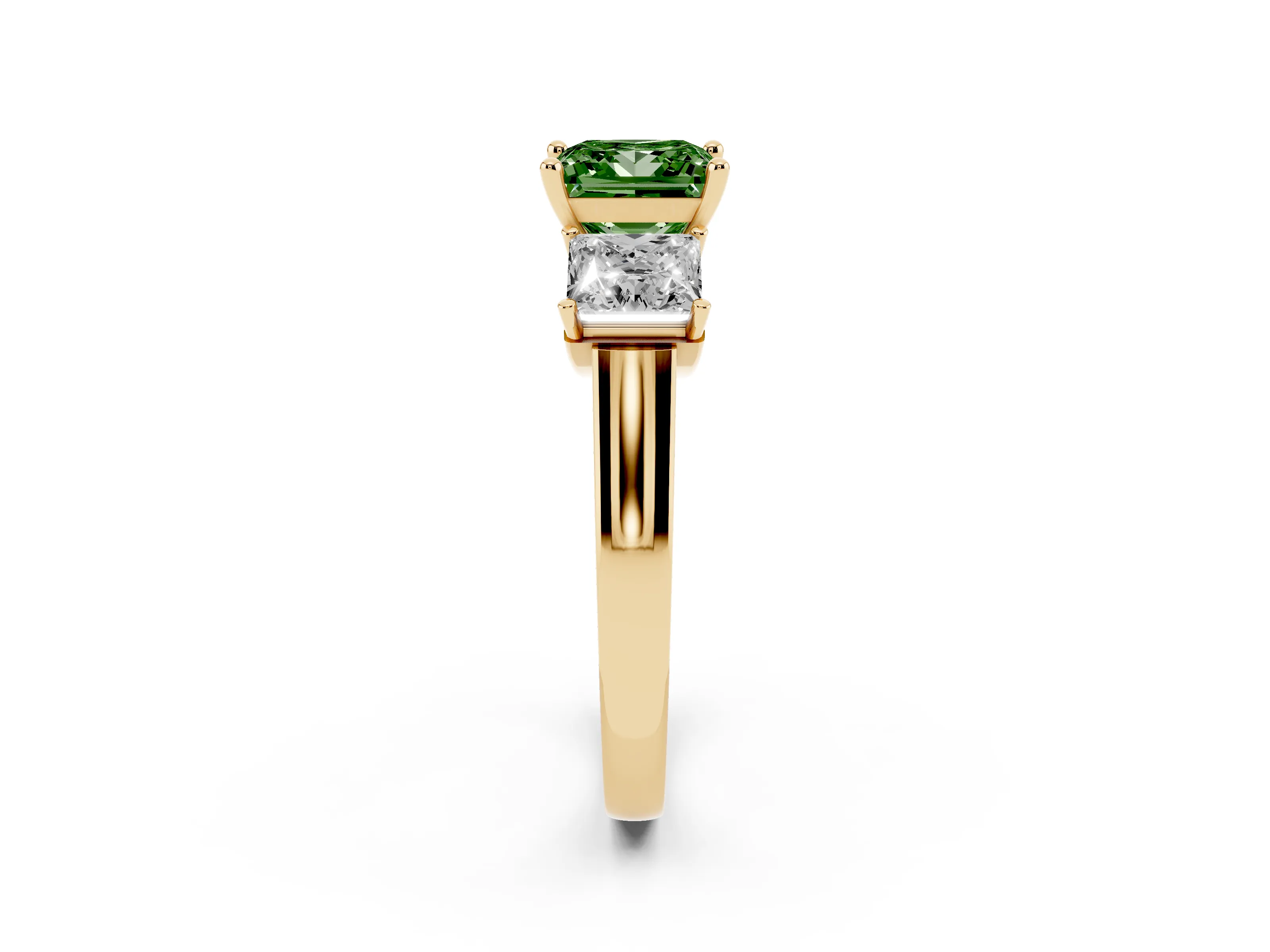 Fancy Green Princess Cut Diamond Three-Stone Trellis Ring Set in Yellow gold with Comfort Fit Band