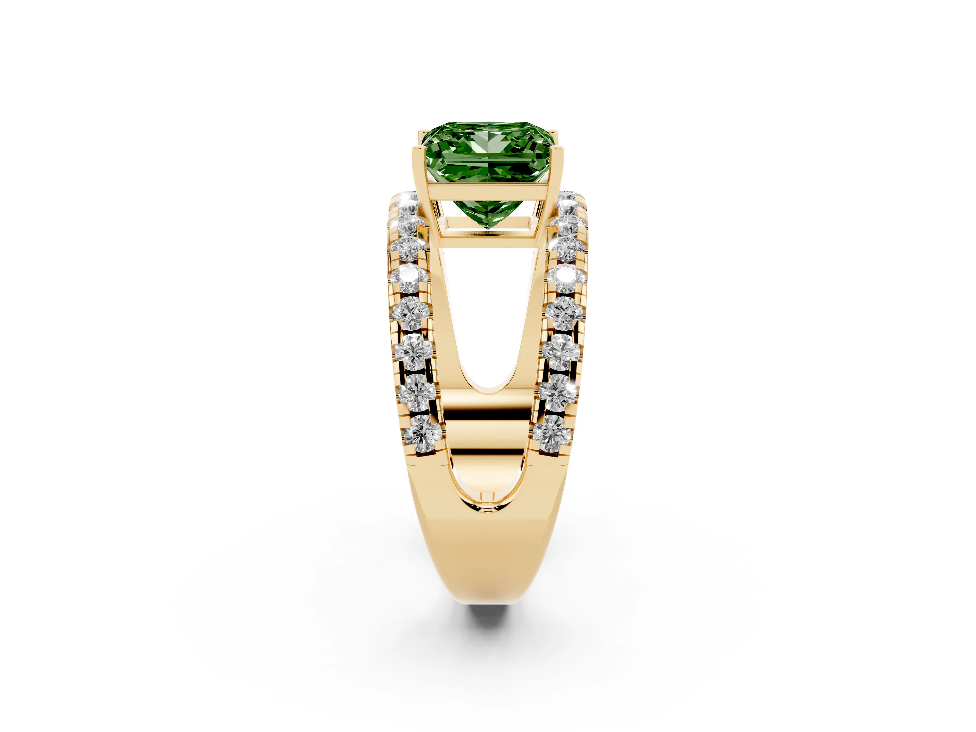 Fancy Green Princess Cut Diamond Split Shank Pavé Solitaire Ring Set in Yellow gold with Open Shank Design