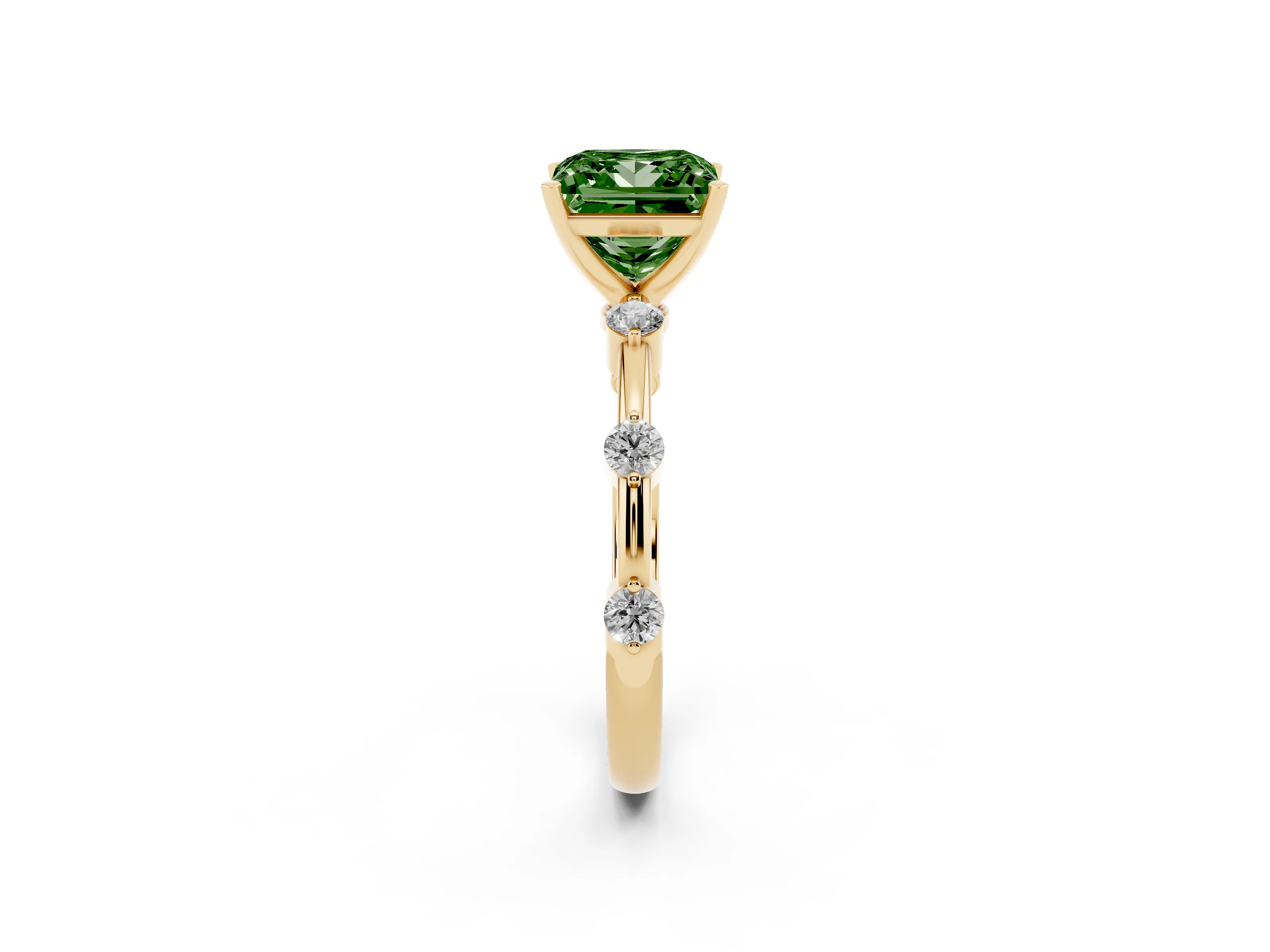 Fancy Green Princess Cut Diamond Solitaire Ring Set in Yellow gold with Bezel Set Side Stones and Prong Setting