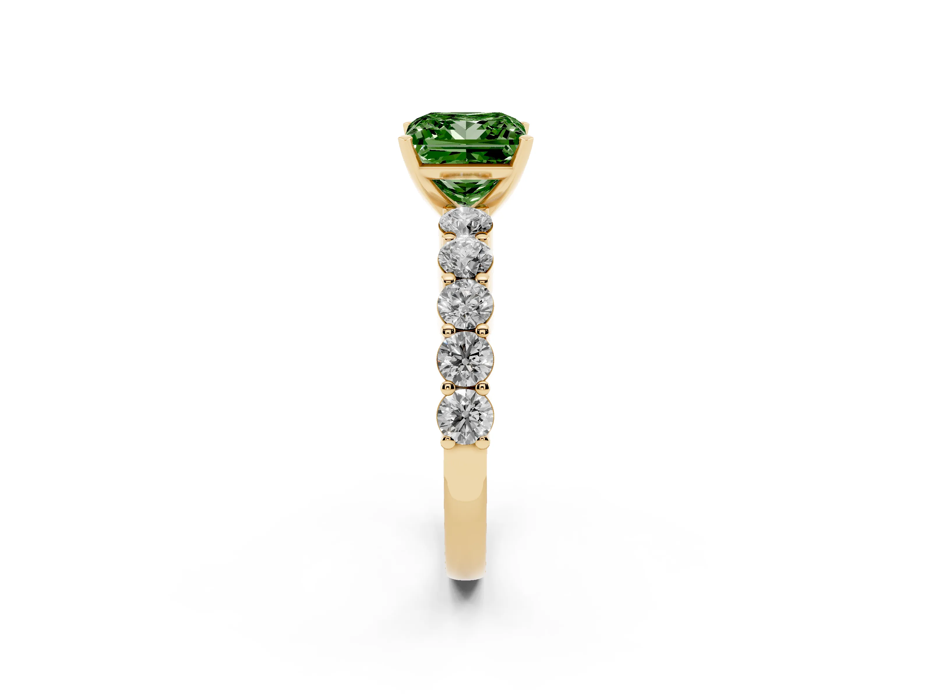 Fancy Green Princess Cut Diamond Solitaire Ring Set in Yellow gold with Shared Prong Round Side Stones