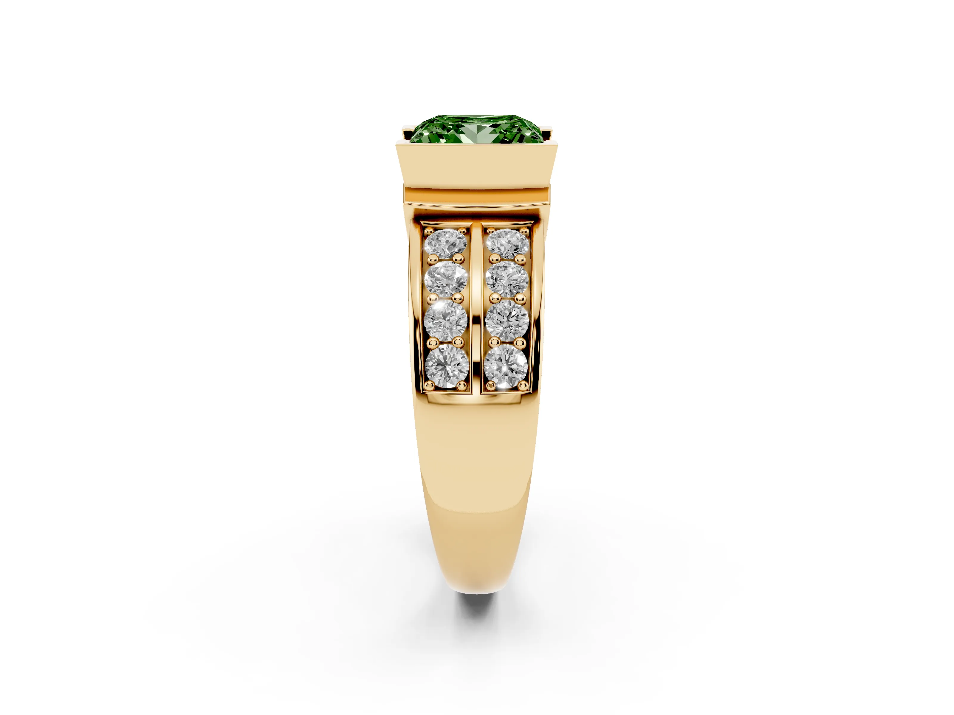 Fancy Green Princess Cut Diamond Wide Channel Set Band Ring Set in Yellow gold with Bezel Setting