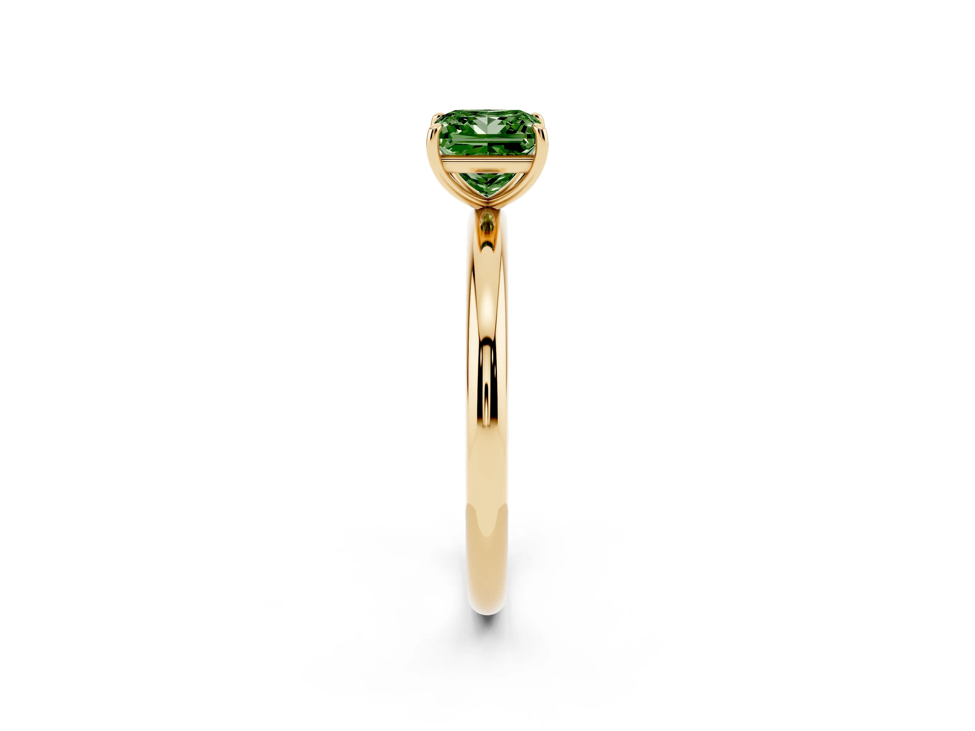Fancy Green Princess Cut Diamond Solitaire Ring Set in Yellow gold with Prong Setting on a Polished Plain Band