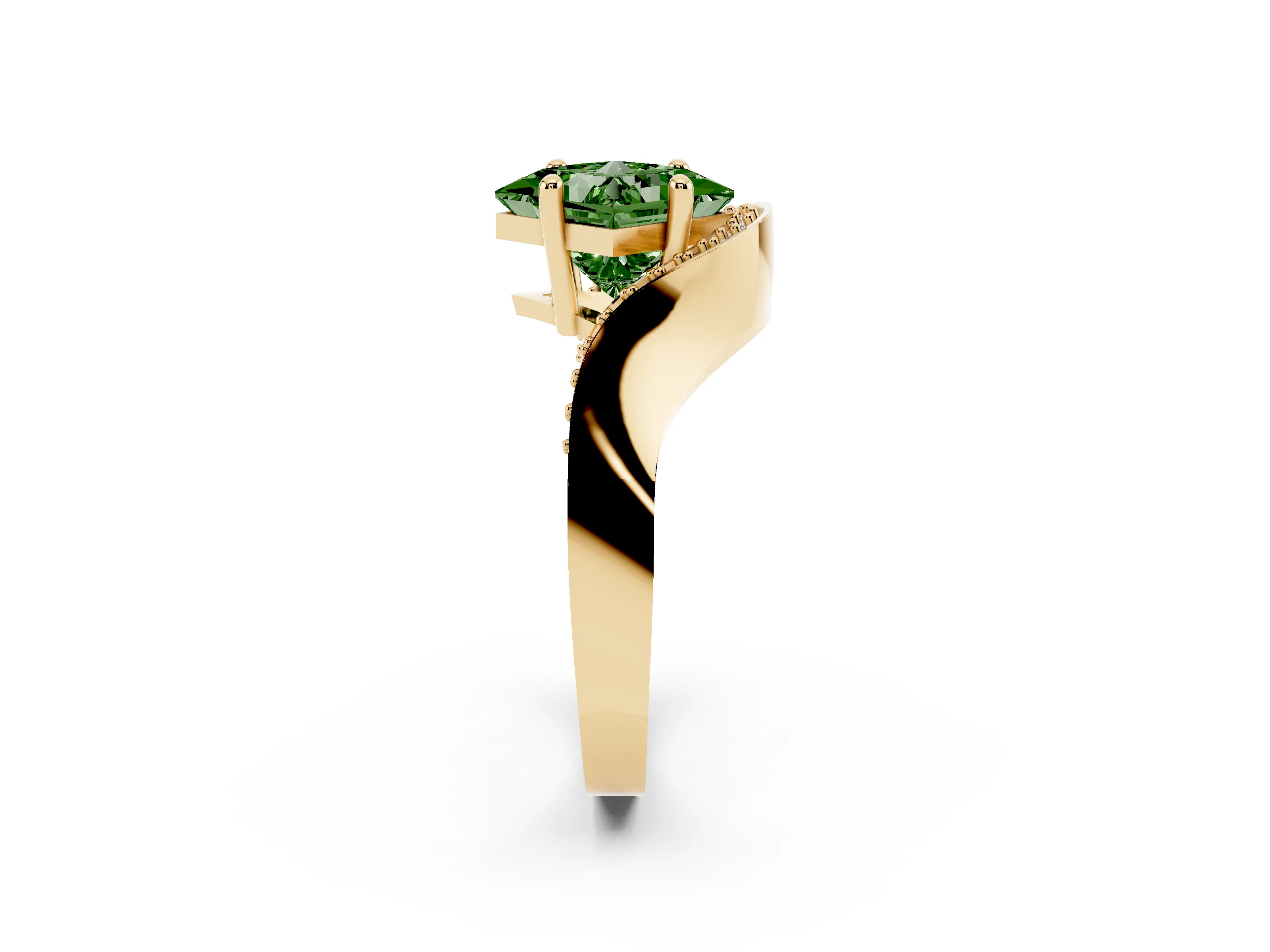 Fancy Green Princess Cut Diamond Solitaire Engagement Ring Set in Yellow gold with Pavé Shoulders