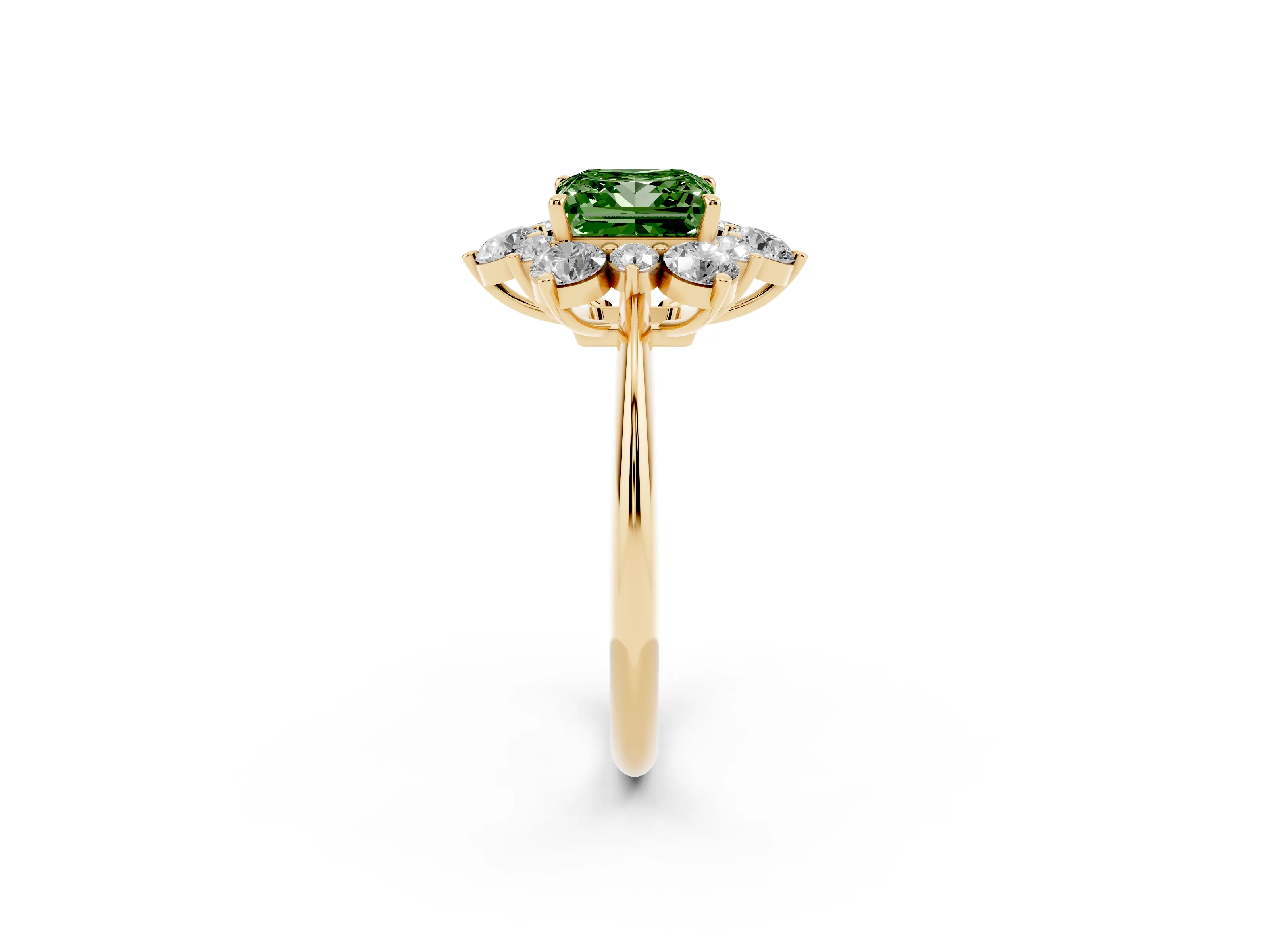 Fancy Green Princess Cut Diamond Cluster Halo Ring Set in Yellow gold with Solitaire Band and Prong Setting