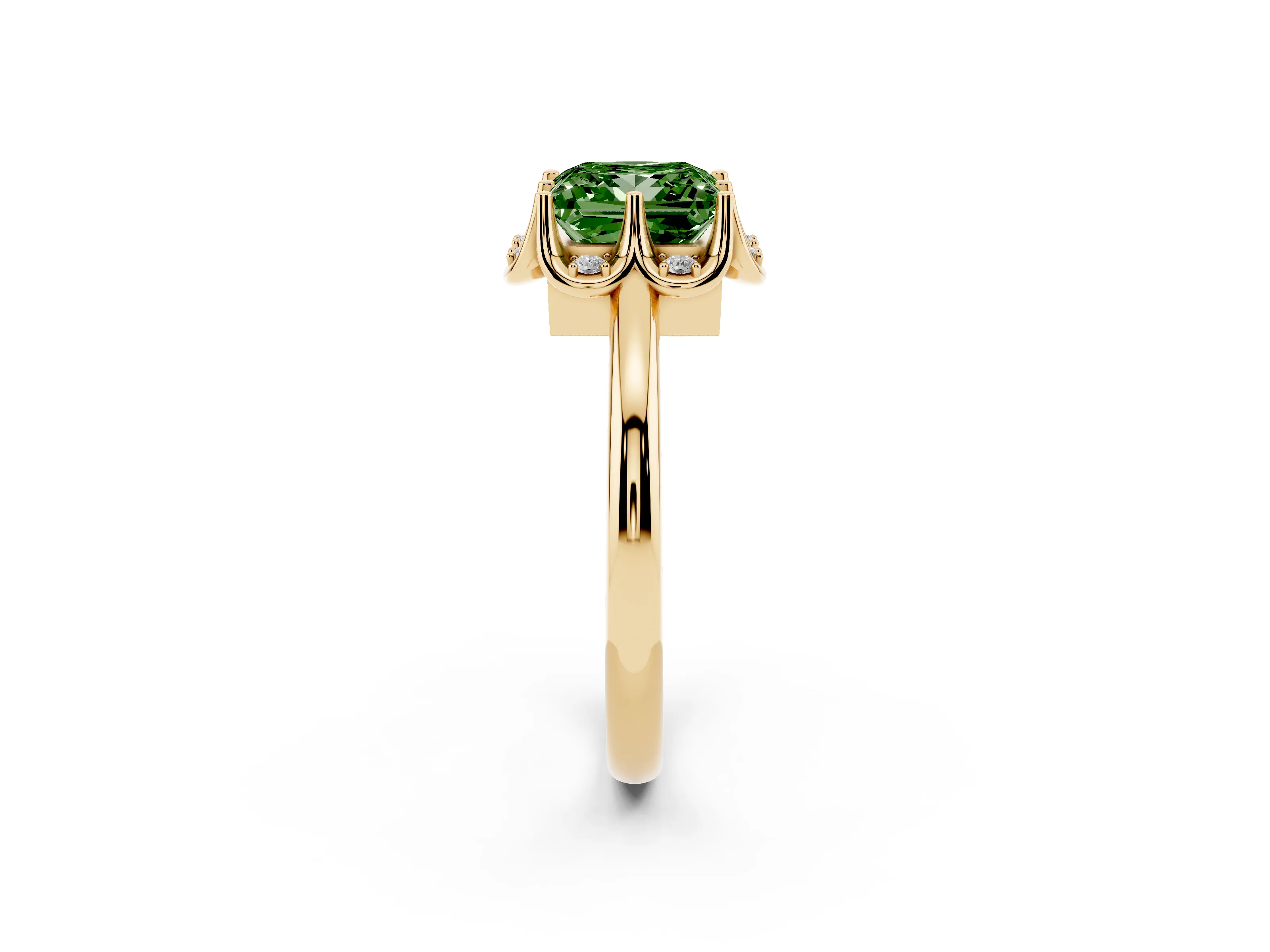 Fancy Green Princess Cut Diamond Round Cluster Halo Ring Set in Yellow gold with Solitaire Band and Prong Setting