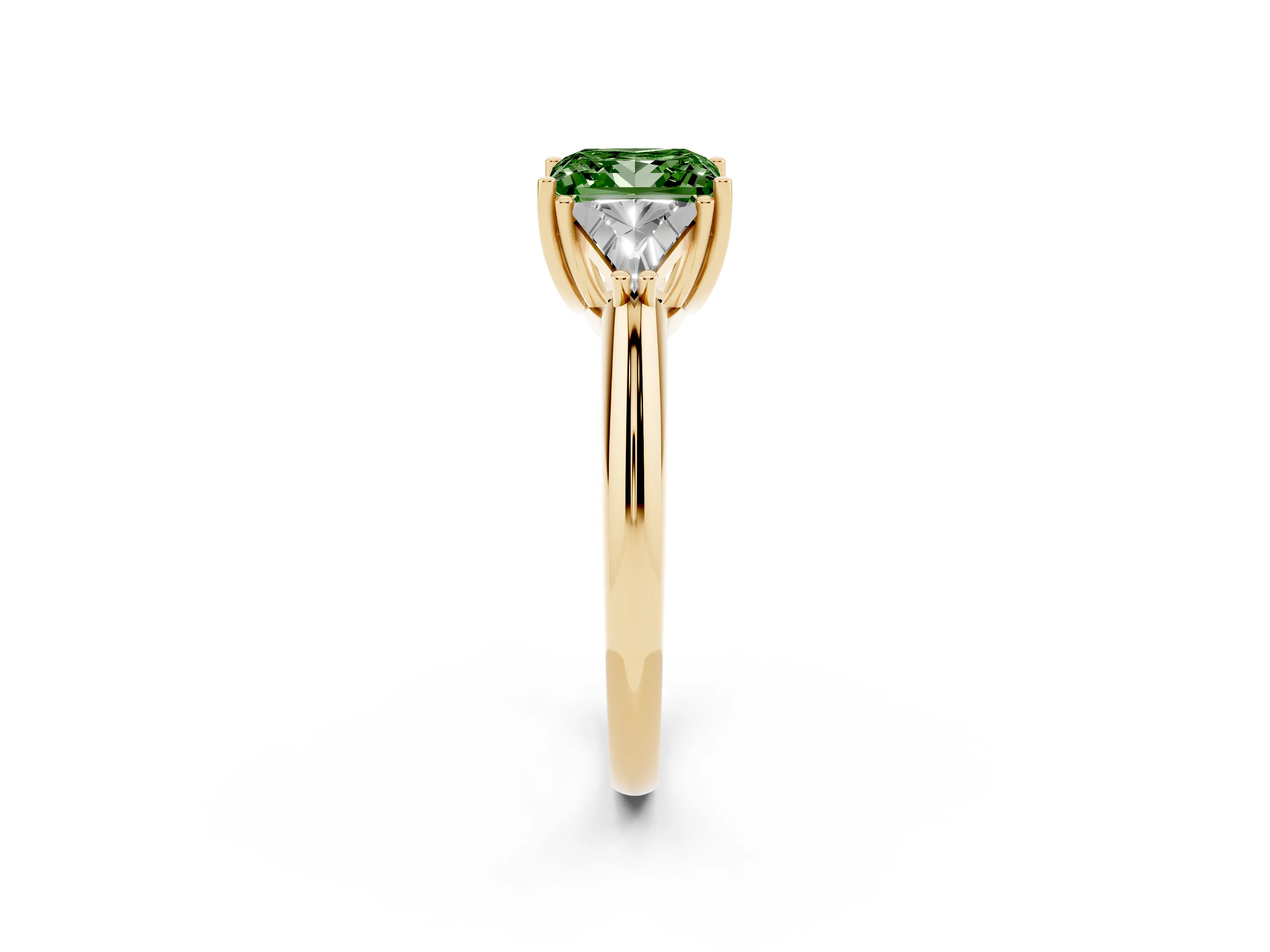 Fancy Green Princess Cut Diamond Three-Stone Engagement Ring Set in Yellow gold with Trillion Side Stones