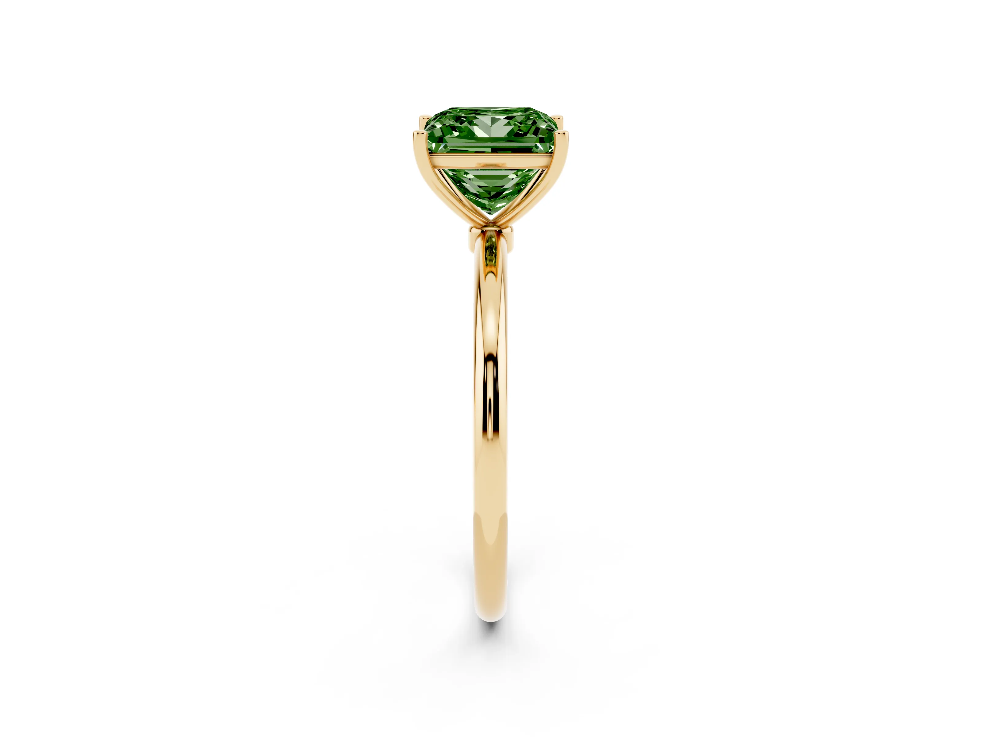 Fancy Green Princess Cut Diamond Solitaire Engagement Ring Set in Yellow gold with Thin Band and Prong Setting