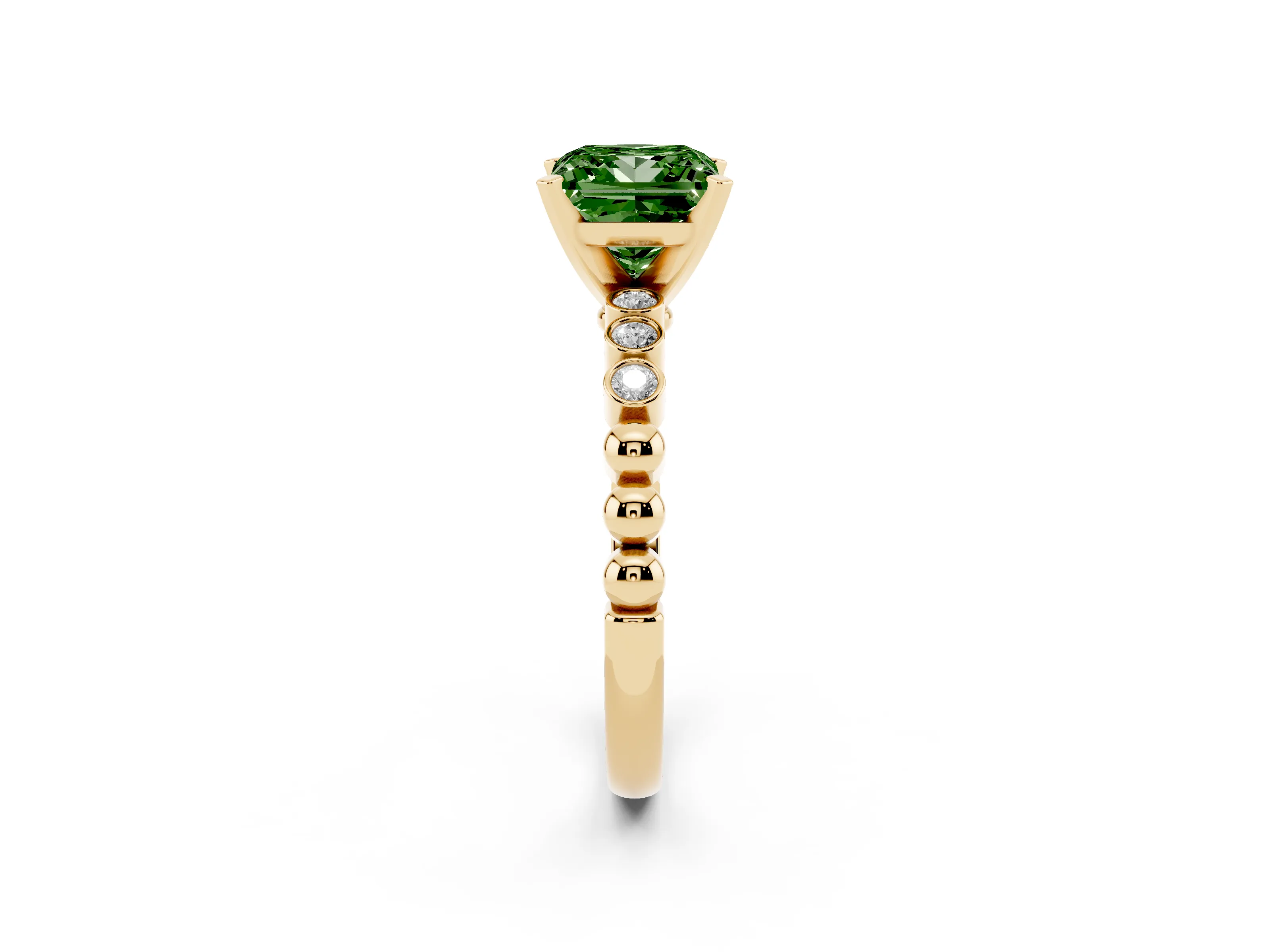 Fancy Green Princess Cut Diamond Solitaire Engagement Ring Set in Yellow gold with Bezel Accents on Beaded Band