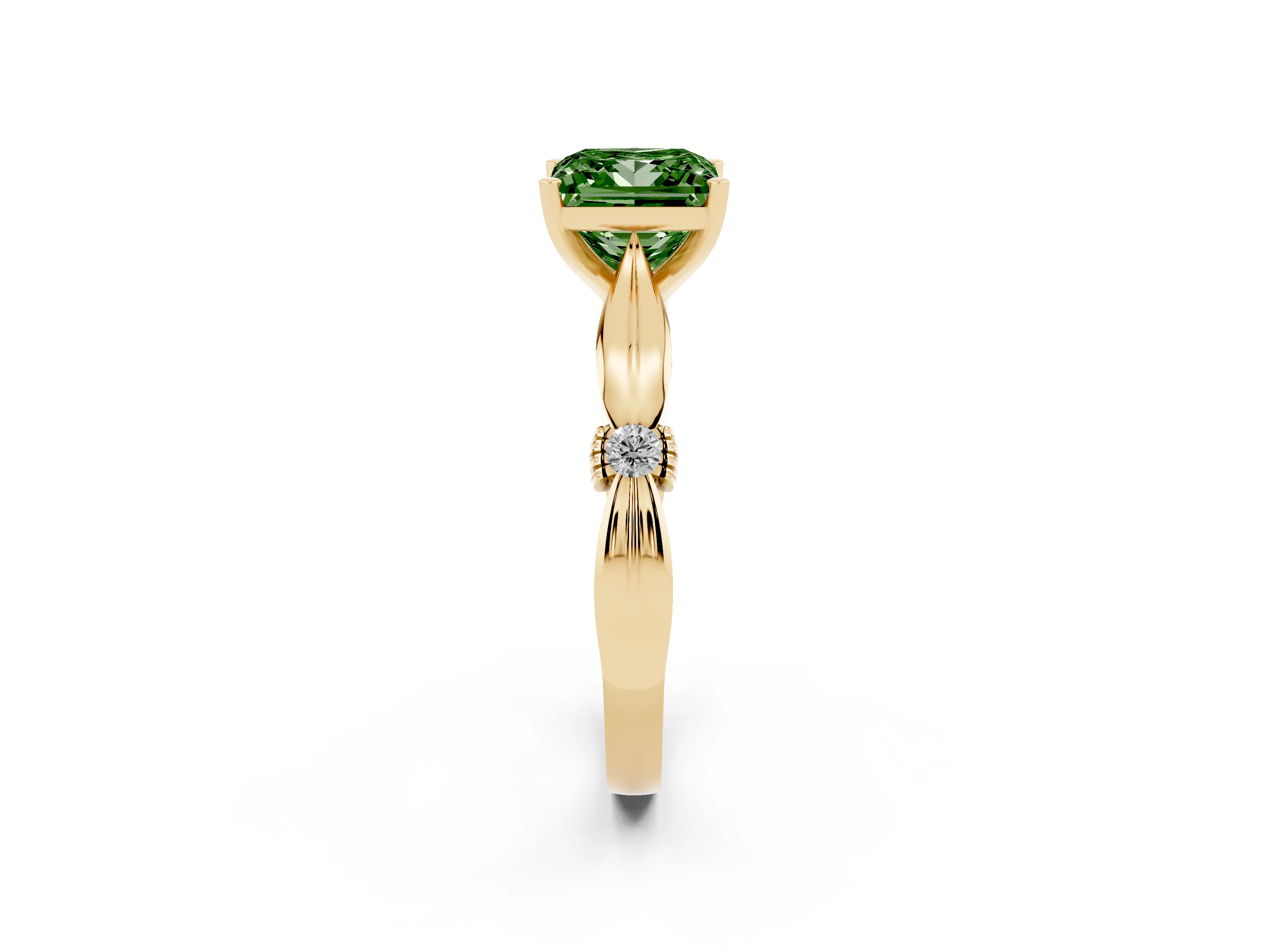 Fancy Green Princess Cut Diamond Solitaire Twisted Band Ring Set in Yellow gold with Accent Stones and Prong Setting