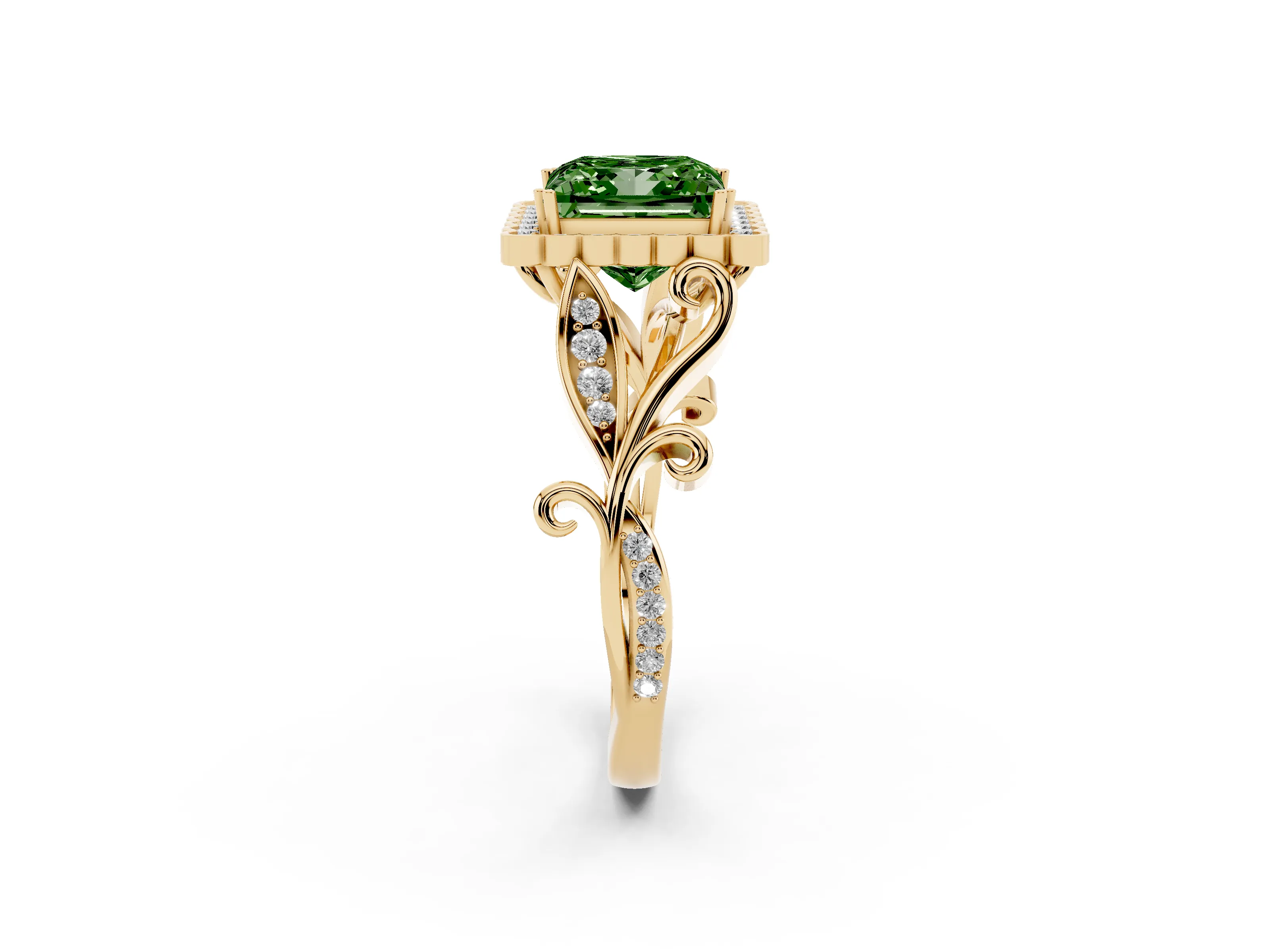 Fancy Green Princess Cut Diamond Halo Ring Set in Yellow gold with Leaf Motif Split Shank and Prong Setting