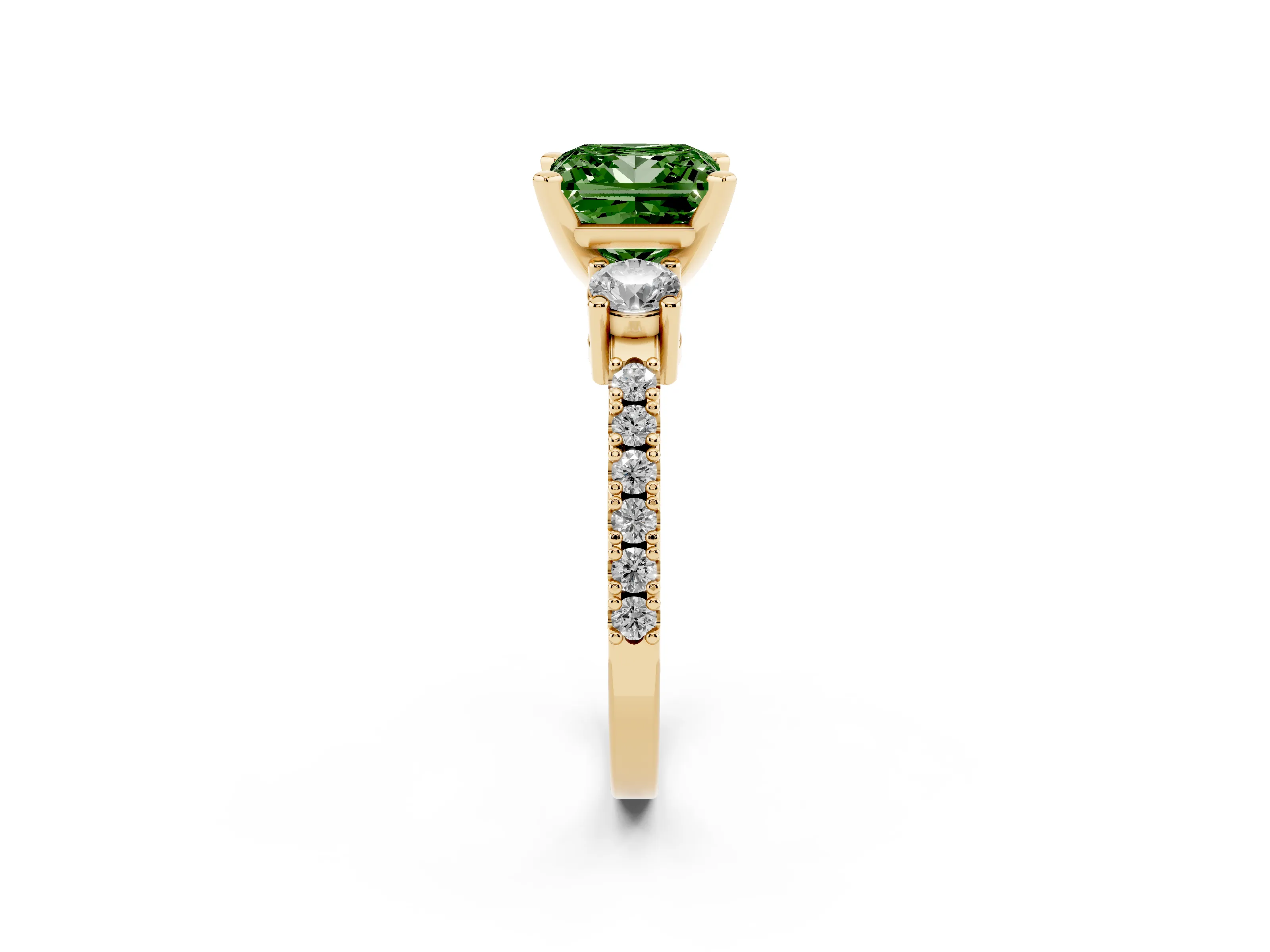 Fancy Green Three-Stone Princess Cut Diamond Pavé Band Ring Set in Yellow gold with Prong Setting
