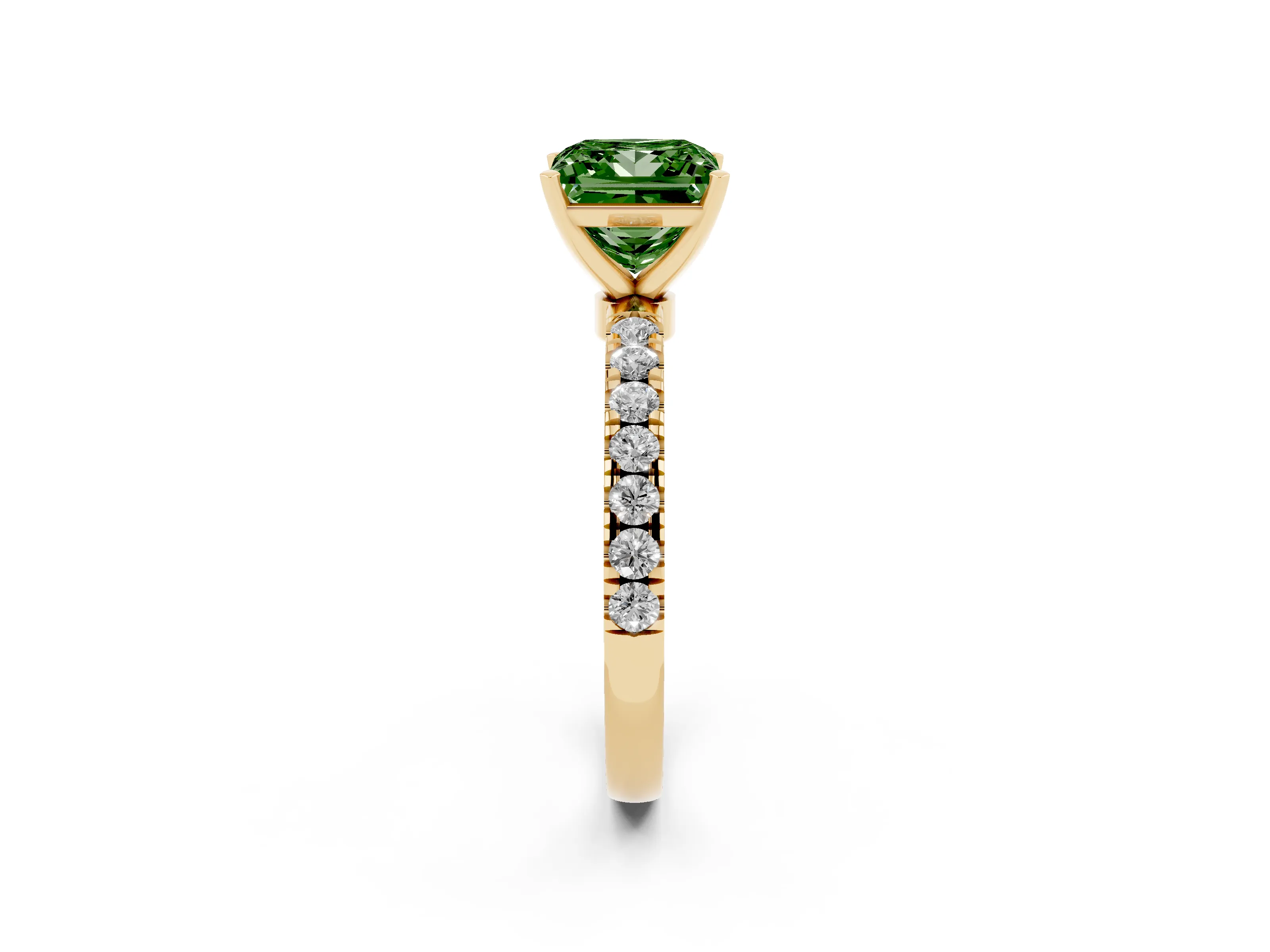 Fancy Green Princess Cut Diamond Solitaire Ring Set in Yellow gold with Pavé Accents and Prong Setting