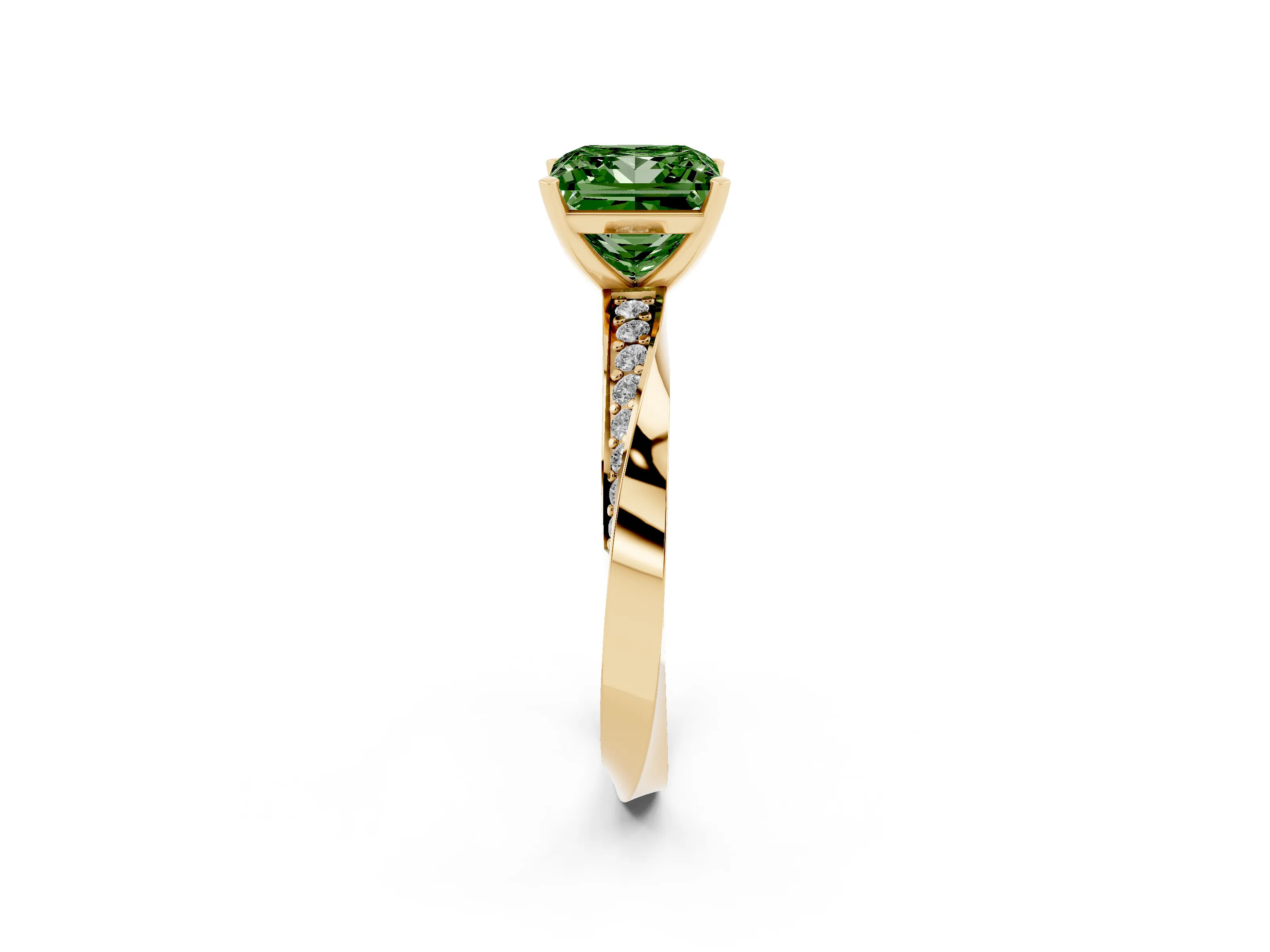 Fancy Green Princess Cut Diamond Engagement Ring Set in Yellow gold with Side Stone Accents and Prong Setting
