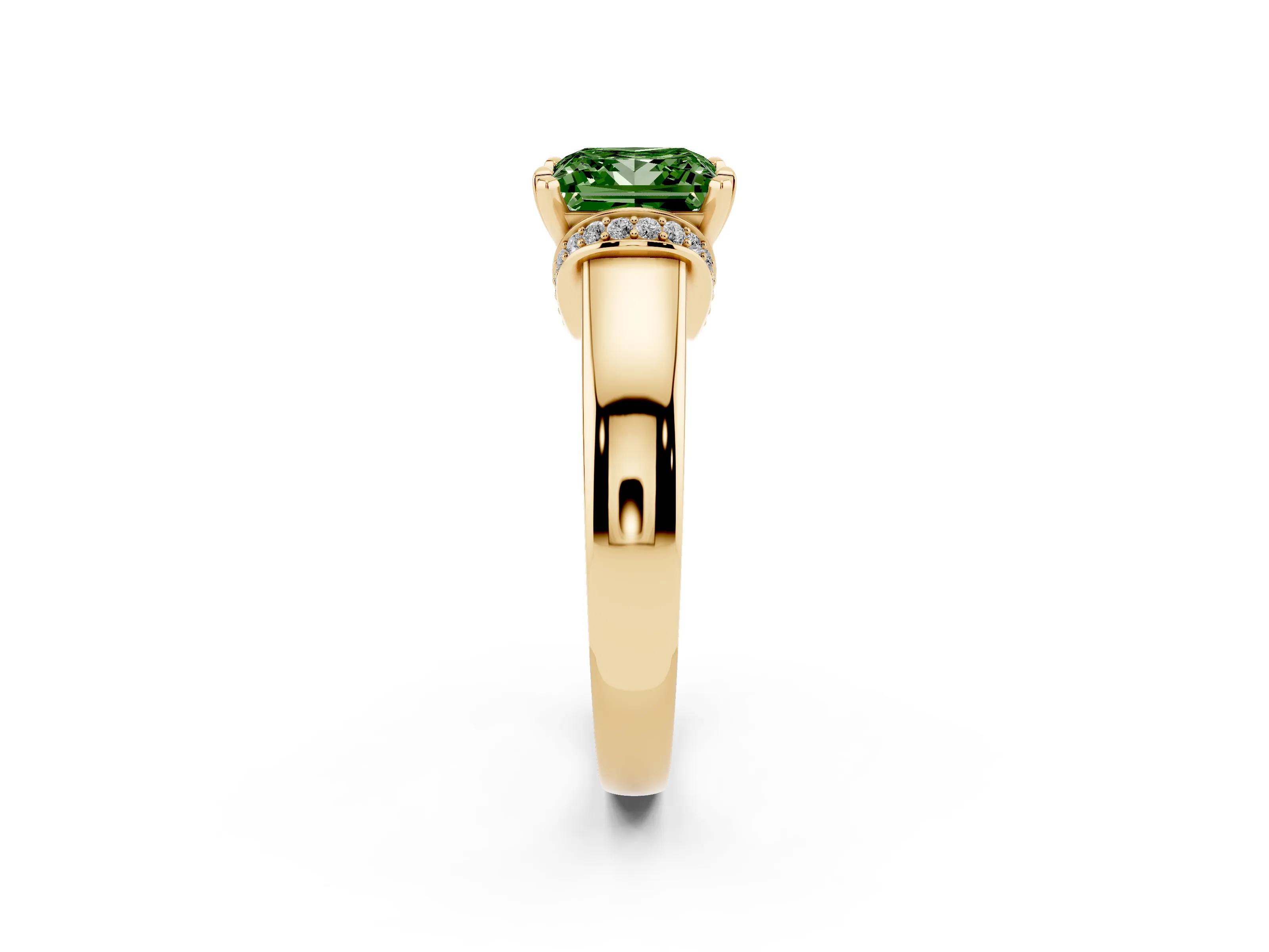 Fancy Green Princess Cut Diamond Pavé Band Solitaire Ring Set in Yellow gold with Prong Setting