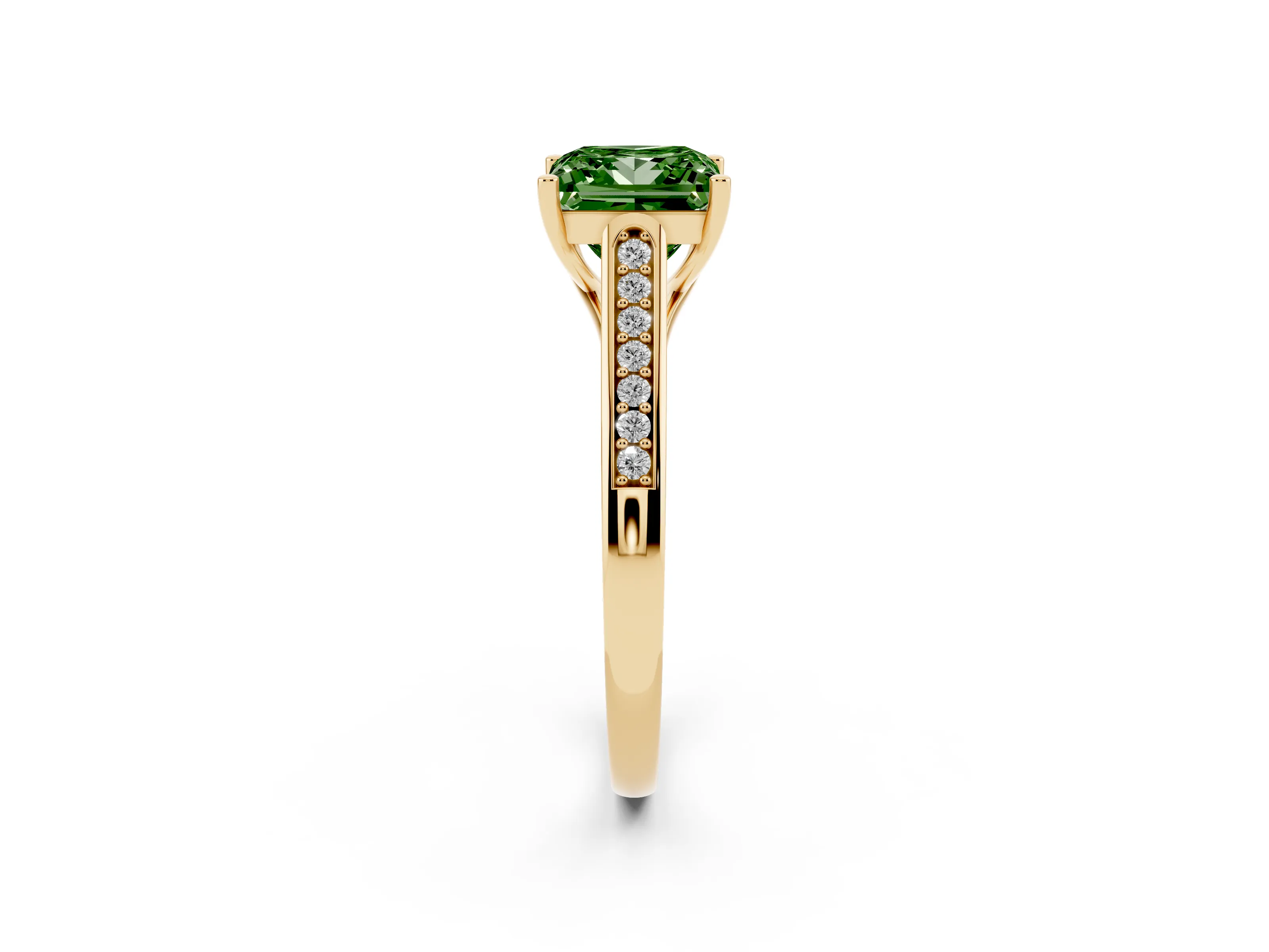 Fancy Green Princess Cut Diamond Solitaire Cathedral Engagement Ring Set in Yellow gold with Channel-Set Band and Prong Setting