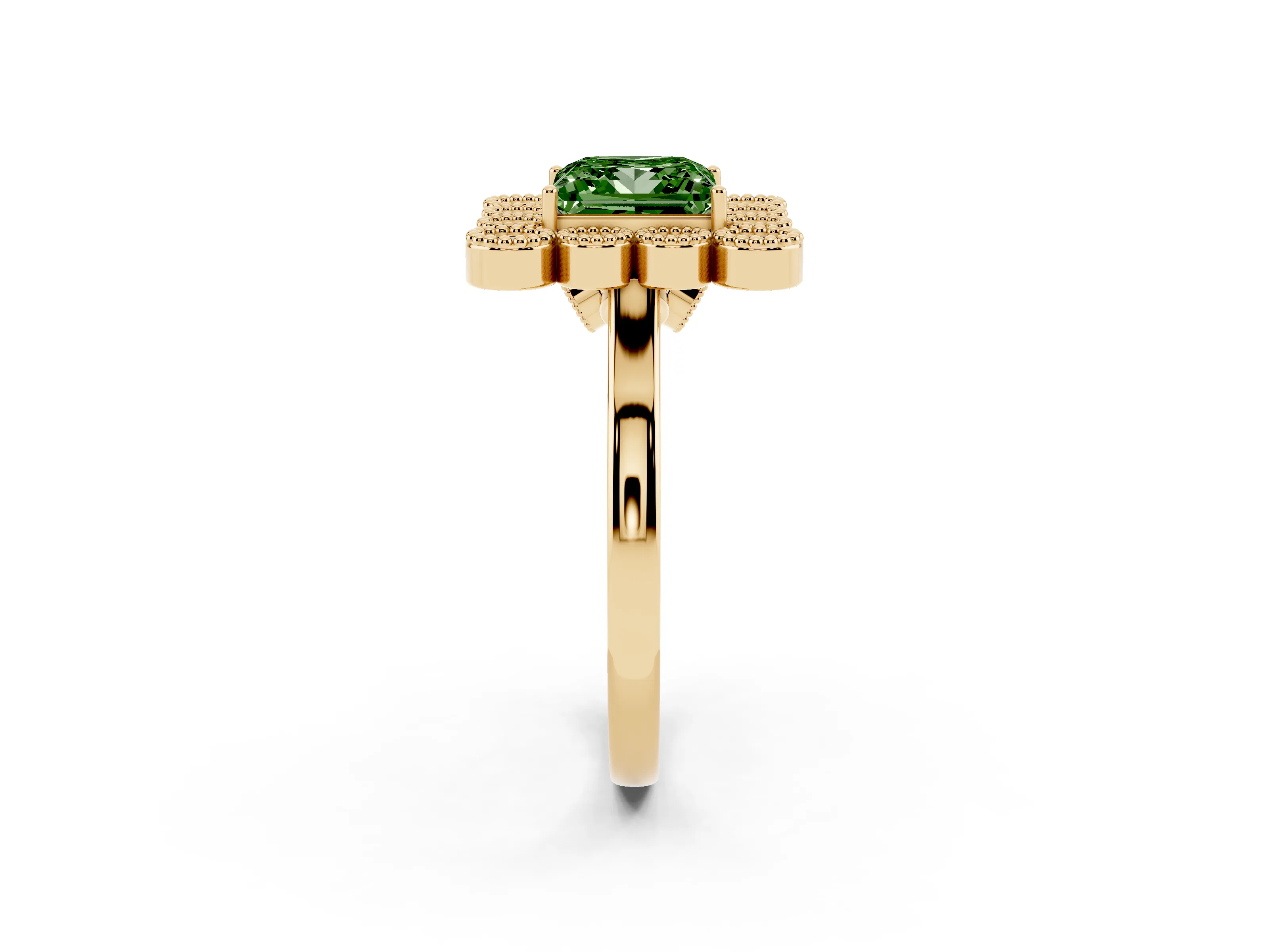 Fancy Green Princess Cut Diamond Cluster Halo Ring Set in Yellow gold with Milgrain Bezel Accents and Plain Band