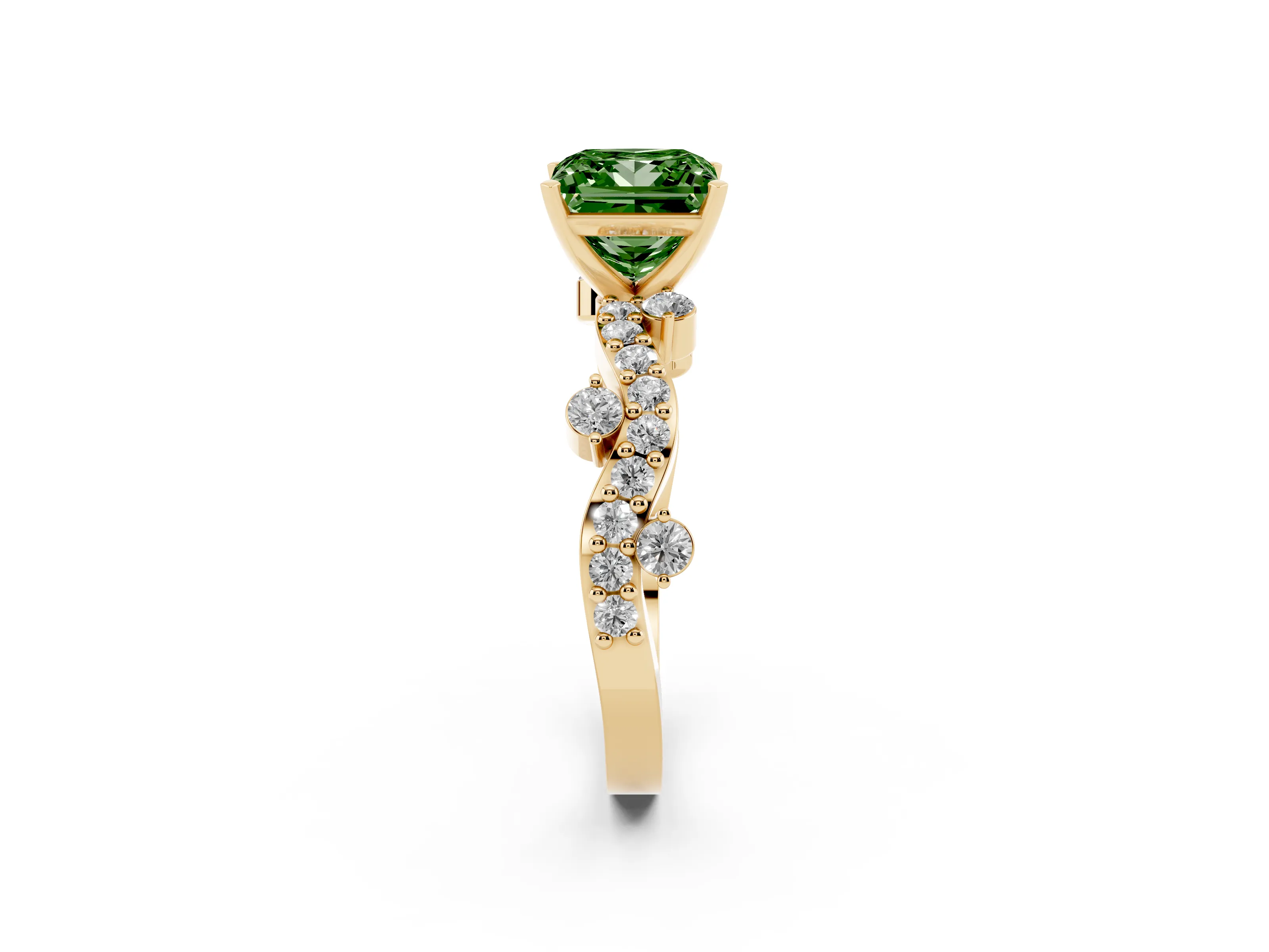 Fancy Green Princess Cut Diamond Solitaire Twisted Band Set in Yellow gold with Pavé Setting