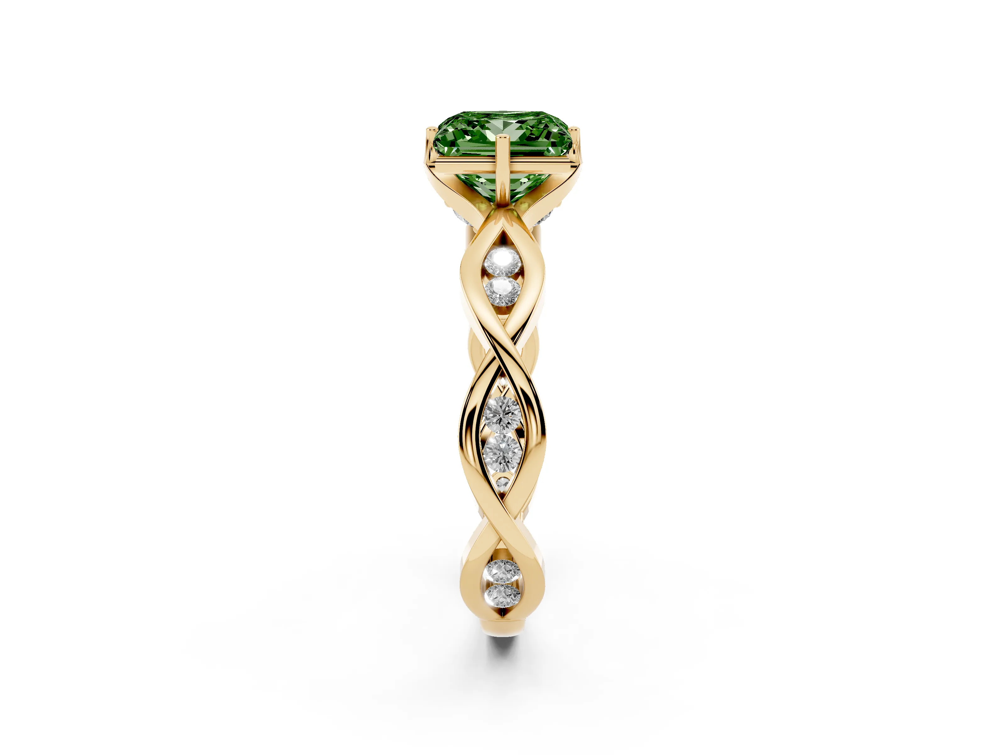 Fancy Green Princess Cut Diamond Twist Band Solitaire Ring Set in Yellow gold with Leaf Prong Setting and Accent Stones