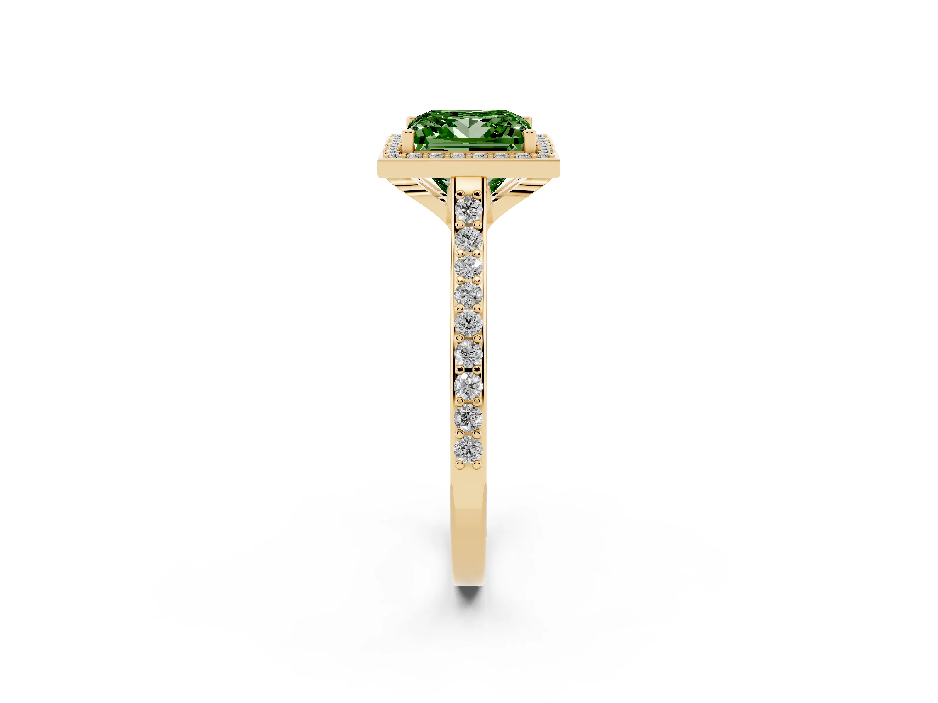 Fancy Green Princess Cut Diamond Halo Engagement Ring Set in Yellow gold with Round Pavé Shoulders and Heart Gallery